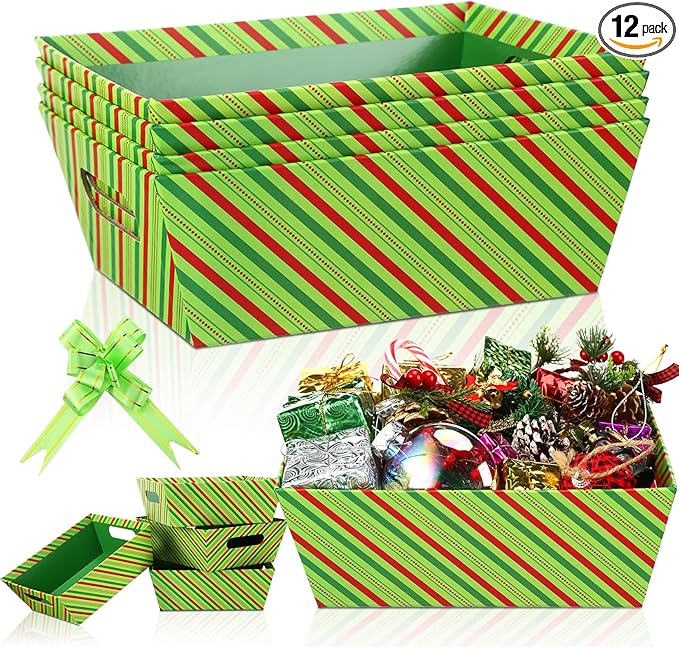 12 Pcs Christmas Baskets for Gift 8x10 Inch Empty Cardboard Baskets Bags Bulk with Handles DIY Gift Basket Market Tray Wine Basket for Xmas Gift Fill Giving(Stripe)
