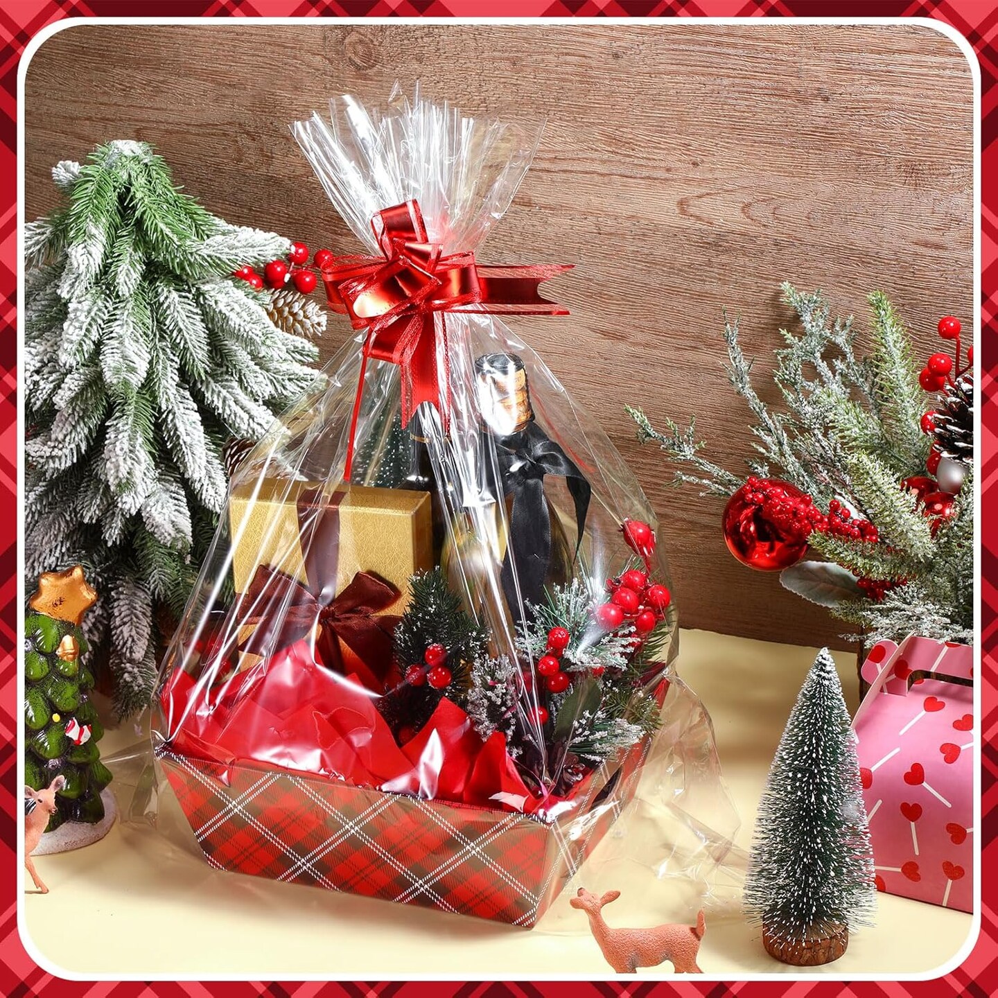 48 Pcs Christmas Buffalo Plaid Baskets for Gifts Empty with Handles DIY Kit Includes 12 Gift Baskets 12 Clear Gift Bags 12 Tissue Paper 12 Bows 12 Gift Tag for Christmas Holiday Birthday Gift