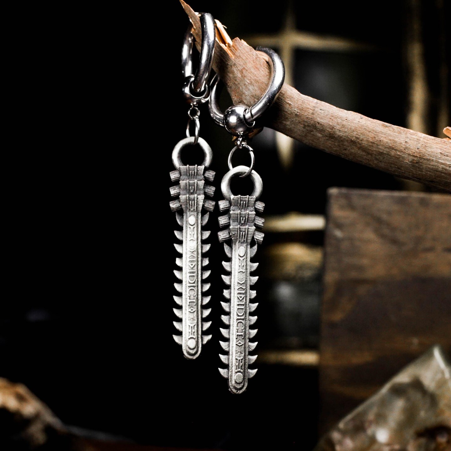 Chainsaw Blade Earrings - 925 Silver Handmade Gothic Industrial