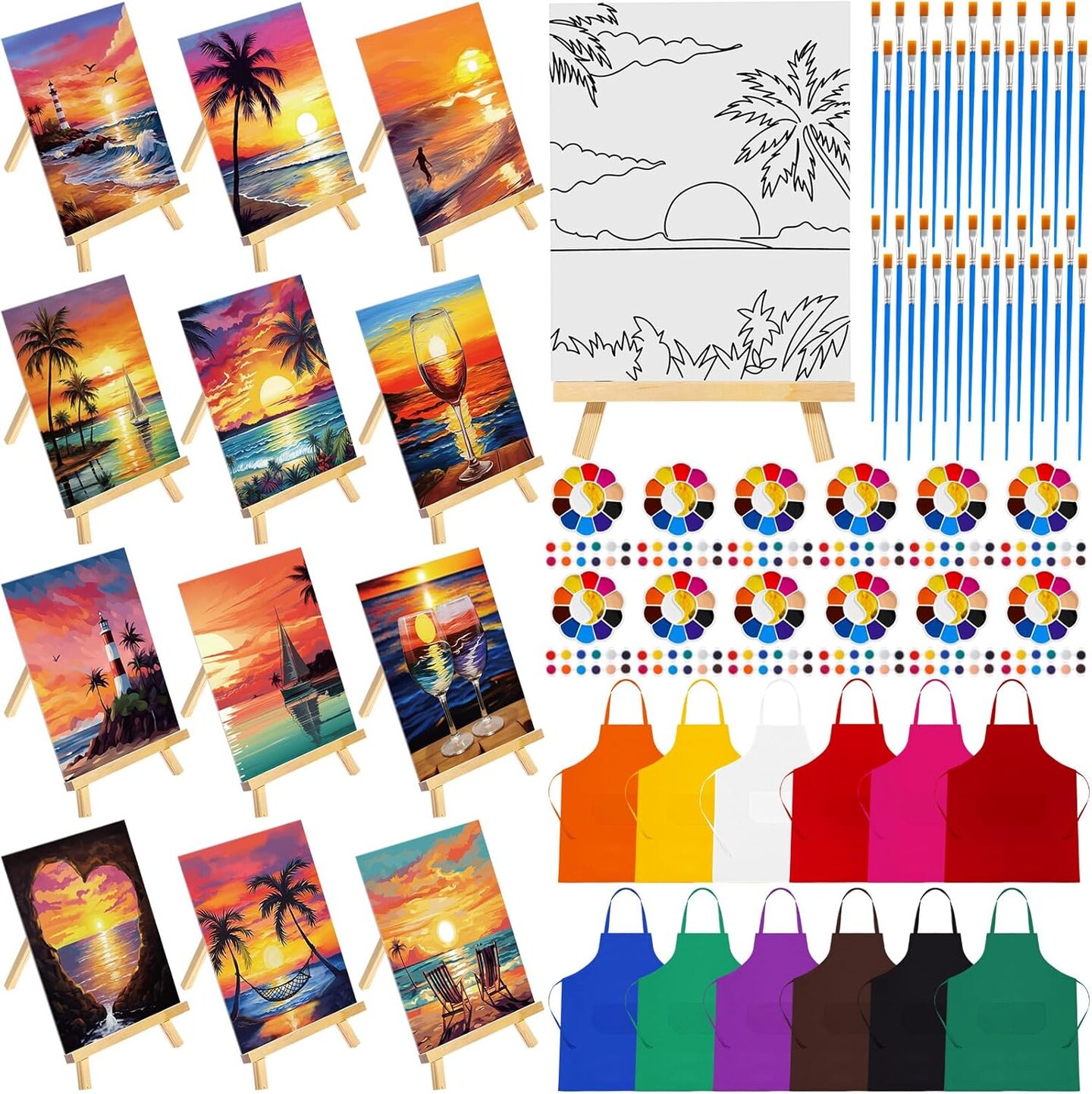 72 Pcs Paint and Sip Kit for Adults, 12 Set Pre-Drawn Canvas Painting Kits 8x10 Inch with Easels, Aprons, Brushes, Paints & Palettes, Seaside Sunset Bulk DIY Party Set for Birthdays, Date Night & Events