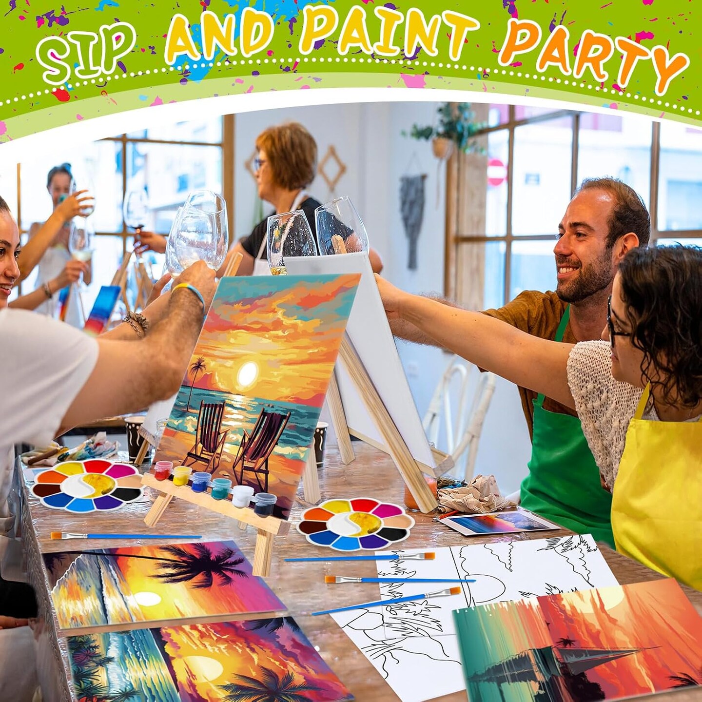 72 Pcs Paint and Sip Kit for Adults, 12 Set Pre-Drawn Canvas Painting Kits 8x10 Inch with Easels, Aprons, Brushes, Paints & Palettes, Seaside Sunset Bulk DIY Party Set for Birthdays, Date Night & Events
