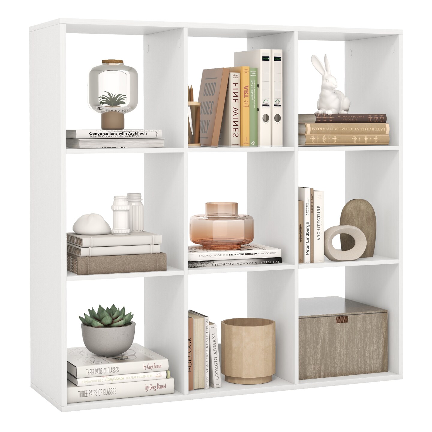 White 9 Storage Cube Bookshelf with Back Guardrail for Living Room or Bedroom