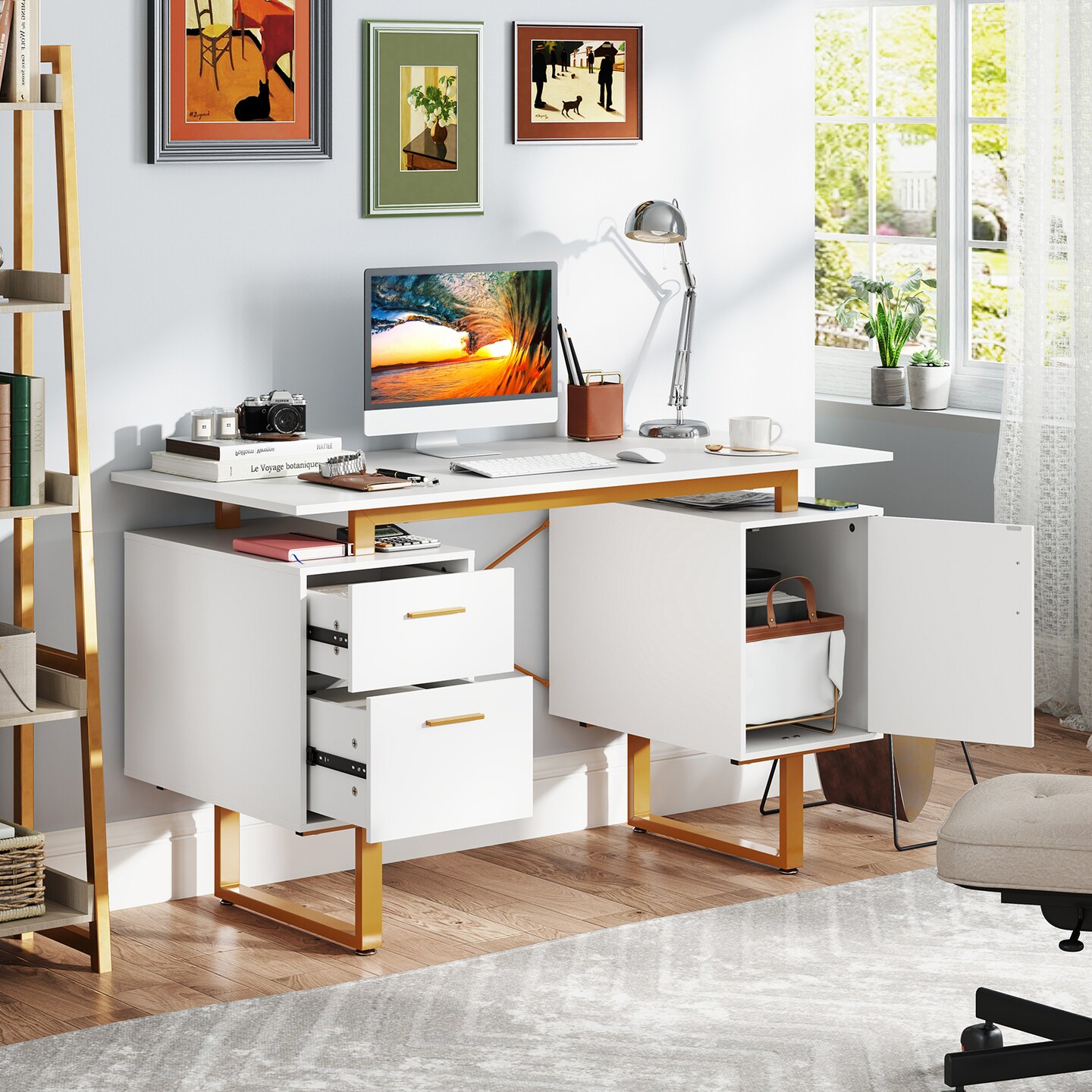 White 51 Inch Dual Drawer Computer Desk with Floating Desktop and X-Shaped Metal Frame