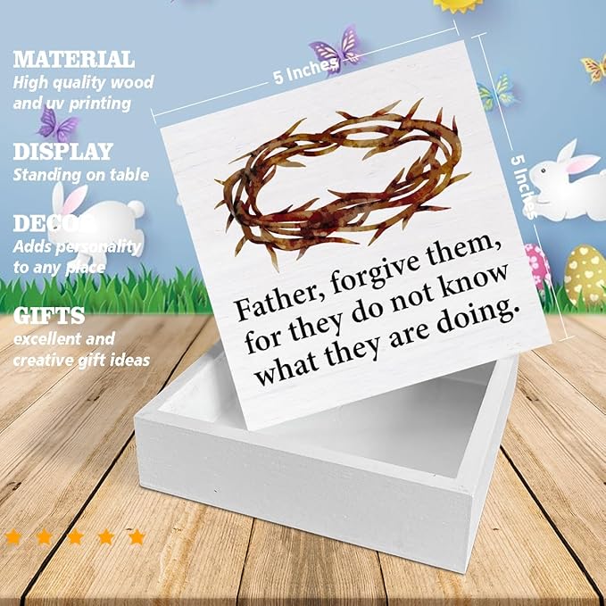 Christian Easter Decor Rustic Religious Wooden Sign Farmhouse Easter Desk Decorations Home Living Room Shelf Decor 5 x 5 Inches