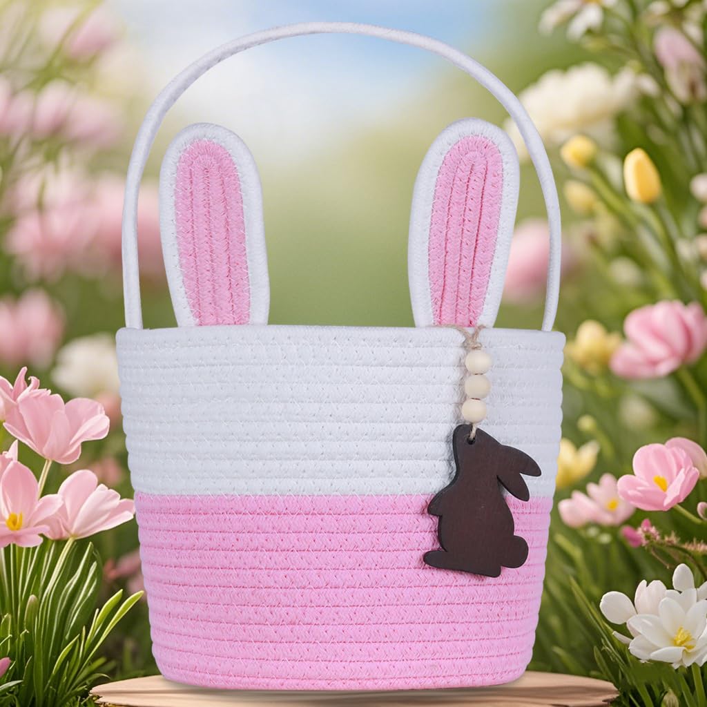 Easter Basket Empty Easter Baskets for Kids Boys Girls with Bunny Tag Egg Basket Eater Gifts Basket Toddler Teens Babys First Easter Basket with Handle Pink White