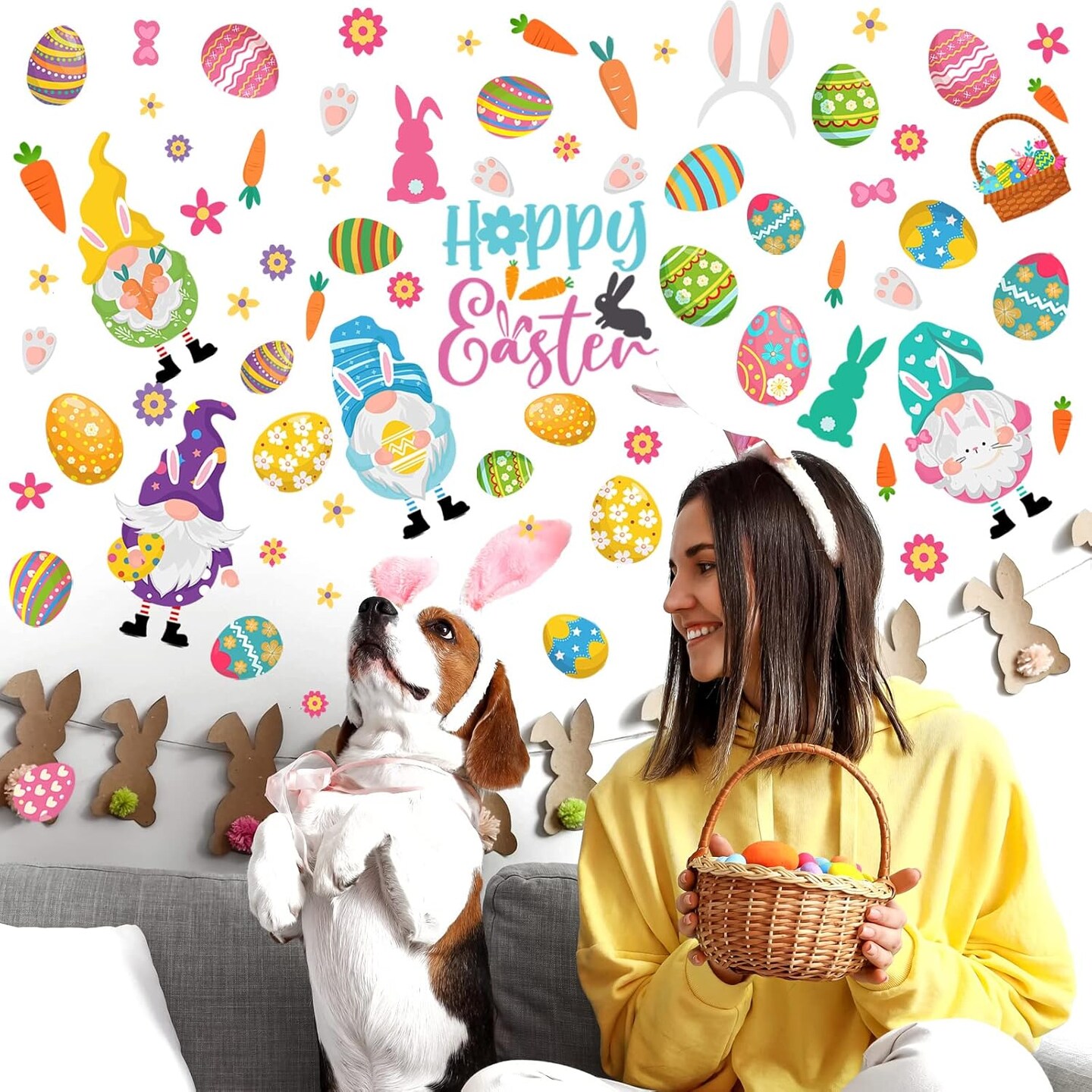 122 Pieces Easter Wall Clings Easter Gnome Wall Stickers Easter Window Decoration Egg Bunny Carrot Wall Decals for Bedroom Living Room Bathroom Window Decor