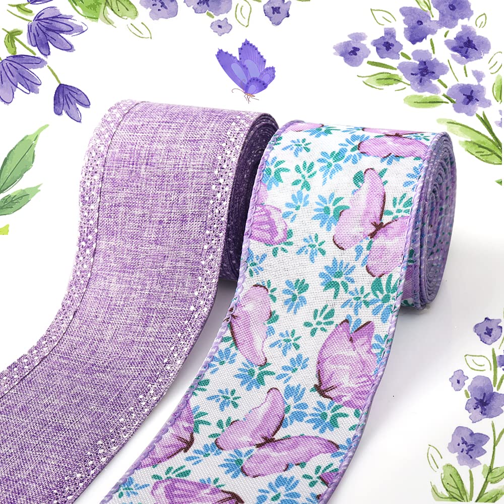 2 Rolls 10 Yards Floral Wired Edge Ribbon, 2.5inch Purple Lavender Burlap Ribbon, Purple Flower Butterfly Gift Wrapping Ribbon for Farmhouse Party DIY Craft Spring Wreaths Bow Decoration