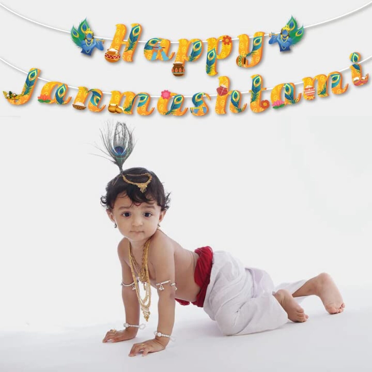 Happy Janmashtami Banners Indian Festival Bal Gopal Bunting Diy Decorations Hanging Banner for Indoor Outdoor Decoration Krishna Janmashtami Celebration Supplies Home Decor Ideas (19 Pcs)