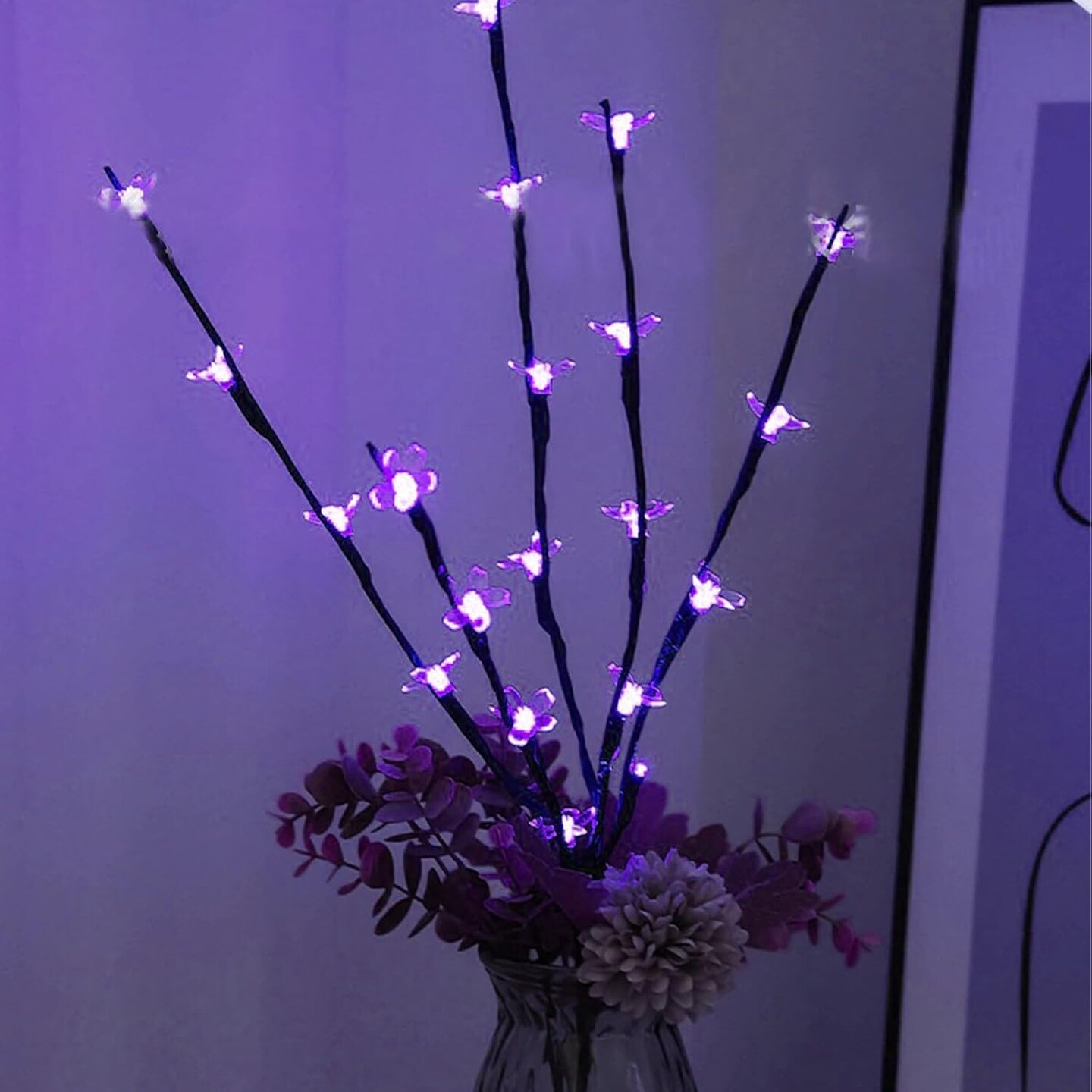 Battery Operated Branch Lights, 3 Pack 27.6&#x201D; 60 LED Lighted Decorative Artificial Cherry Blossom Twig Flower Lights for Vase Filler Decor Christmas Easter Room Indoor Lighting (Purple)