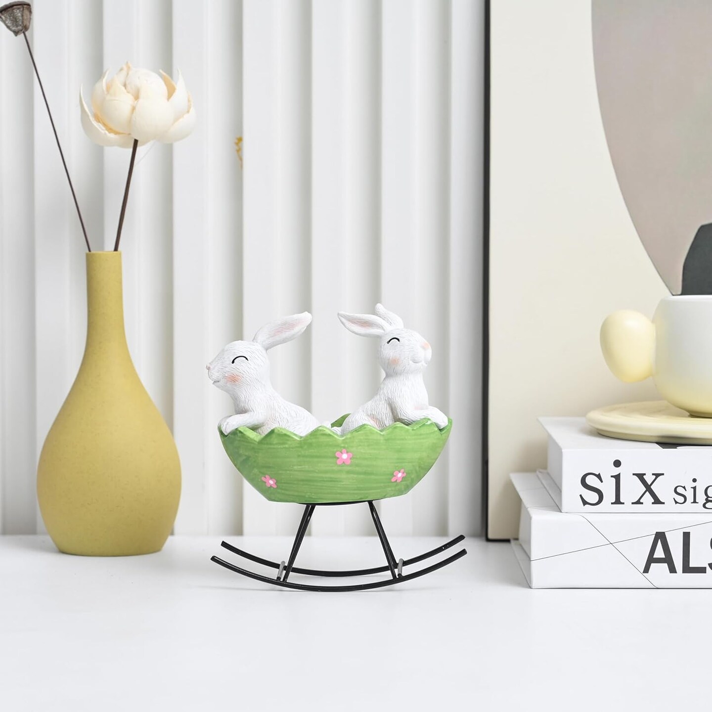Easter Bunny Decor, White Resin Bunny Figurines Rocking in Egg Cradle, Cute Rabbit Decor for Spring Easter Decoration Vintage Rustic Bunnies Rabbit Statue