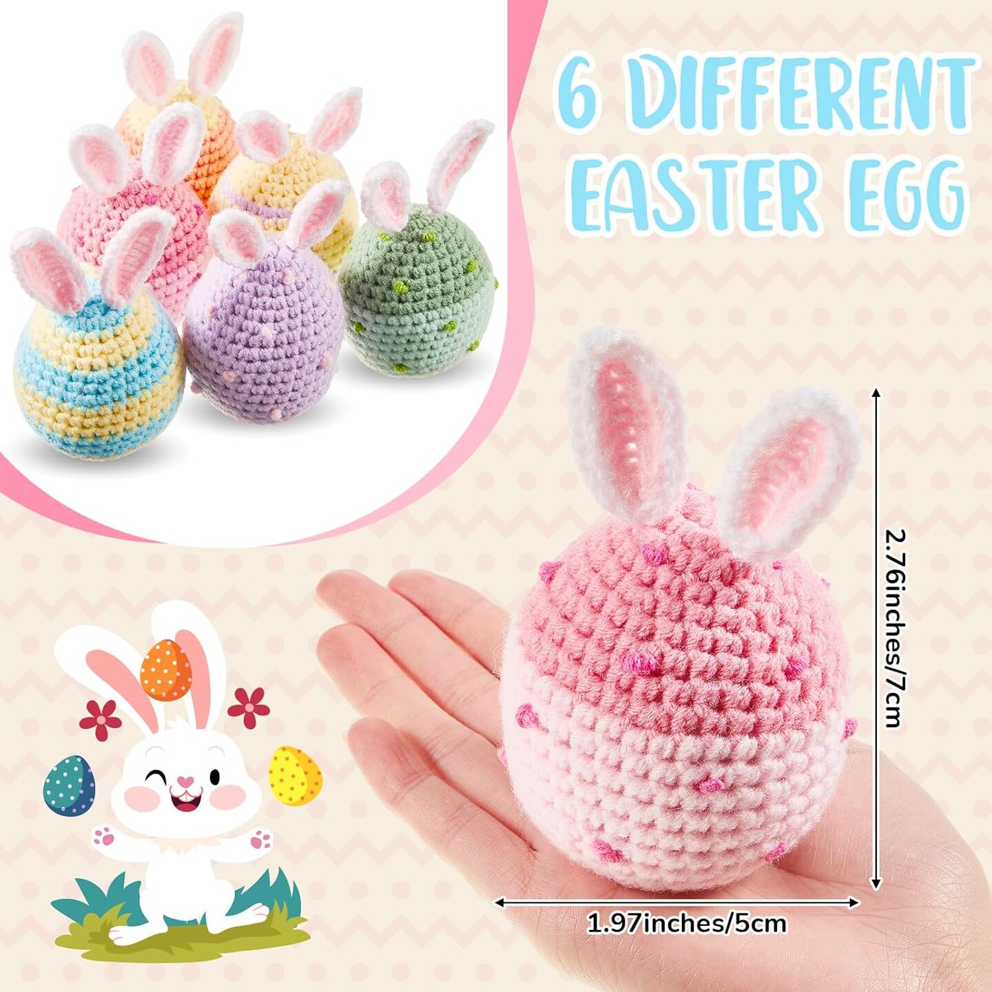 6 Pcs Decorative Easter Eggs Knitted Easter Eggs Ornaments Handmade Crochet Bunny Ear Egg for Easter Basket Fillers
