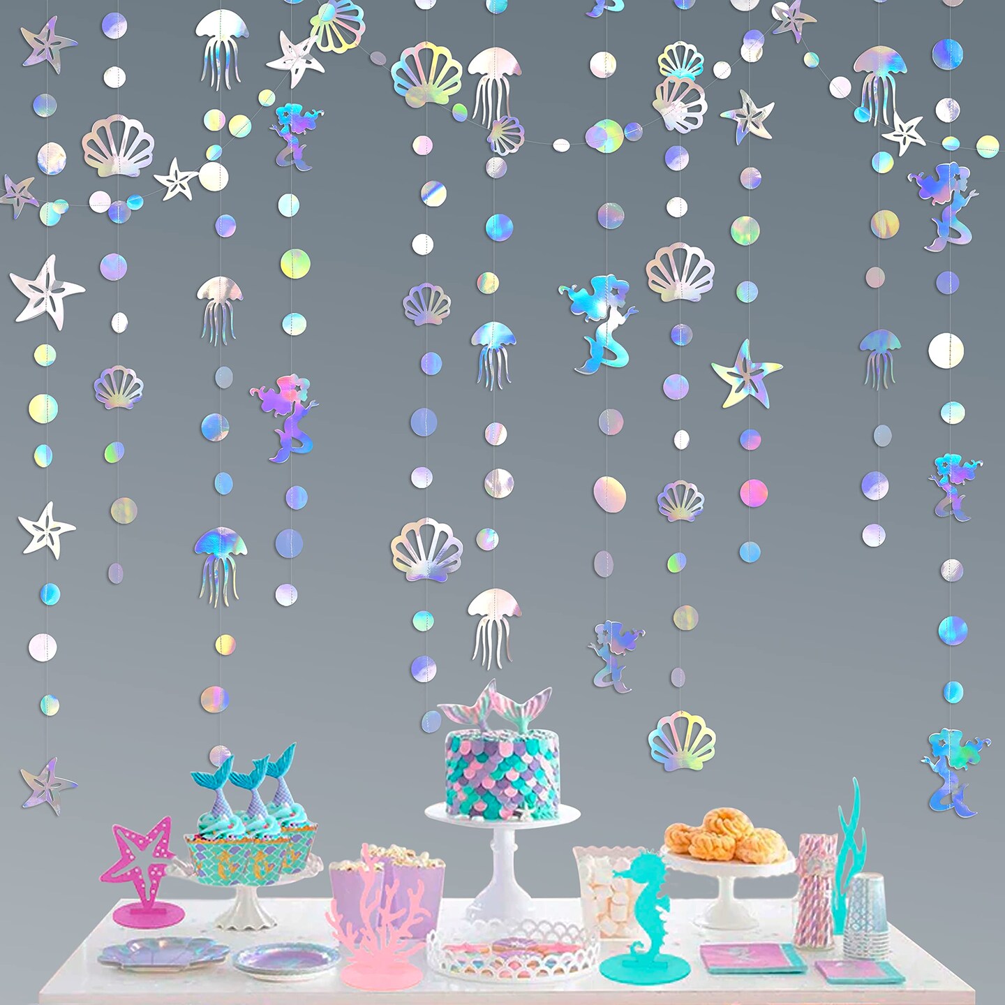 40 Ft Iridescent Mermaid Garland with Jellyfish Seashell Starfish Pearl Holographic Paper Streamer for Little Mermaid Rainbow Theme Birthday Bachelorette Baby Shower Under The Sea Party Decorations
