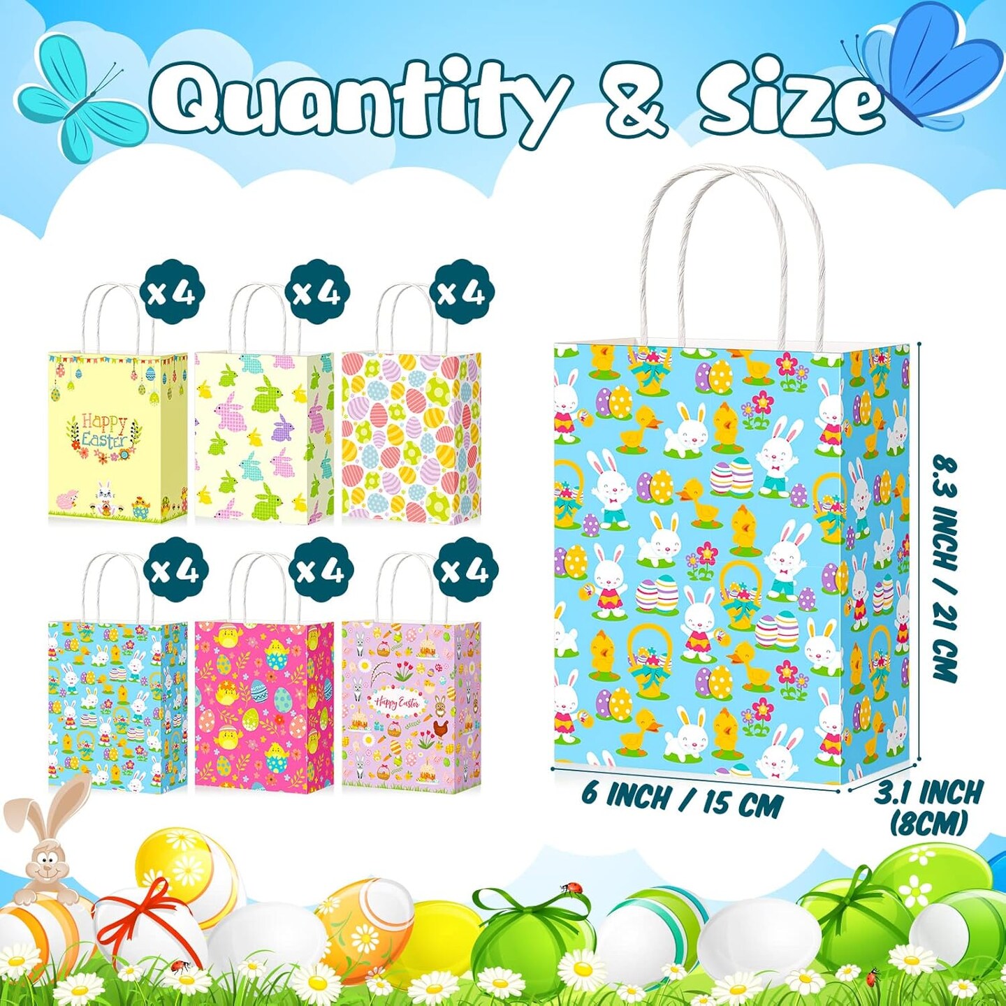 24 Pieces Easter Gift Bags Bulk, Easter Party Bags Supplies, Easter Paper Bags with Handles, Bunny Paper Cookie Candy Treat Goodie Bags for Easter Kids Boys Girls Birthday Party Favors Gift Wrapping