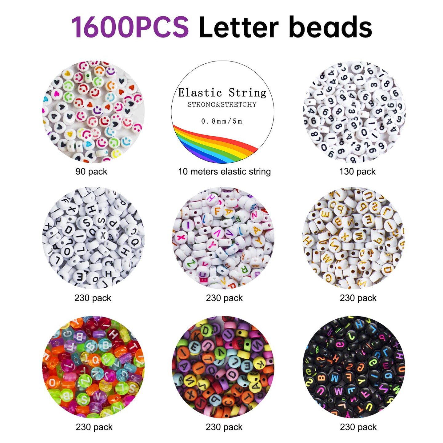 1600 Pcs Letter Beads Kit, 6 Styles of Colorful Alphabet Beads for Bracelet, Number Beads Smiley Face Beads Heart Beads and a Roll of Elastic String for Friendship Bracelet Kit.