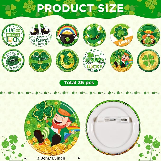 72 Pieces St. Patrick&#x27;s Day Party Favors Including Green Shamrock Bracelet Lucky Rubber Wristbands Irish Clover Badges Bulk for Saint Patrick&#x27;s Day Accessories Set Birthday Party Supplies Decor