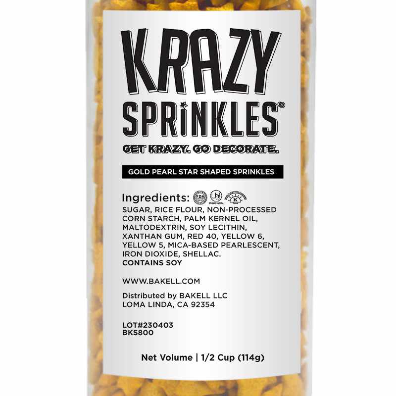Krazy Sprinkles - Gold Pearl Stars (1/2 Cup, 1x Jar) for Cakes, Ice Cream &#x26; Cookies