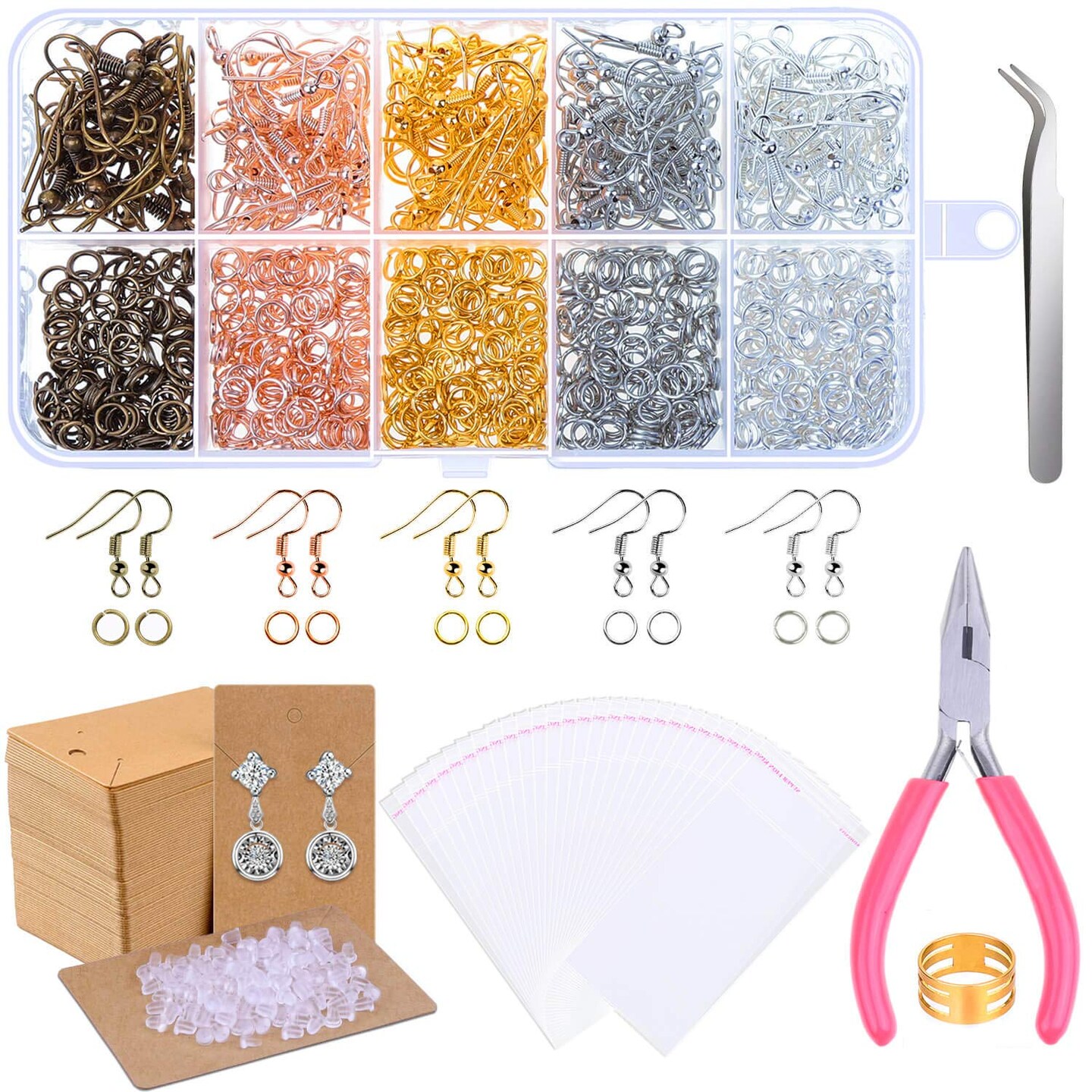 Earring Making Supplies, 1350pcs Earring Making Kit with Earring Hooks, Jump Rings, Pliers, Earring Backs, Earrings Holder Cards and Clear Bags for DIY Earring Supplies and Earring Findings