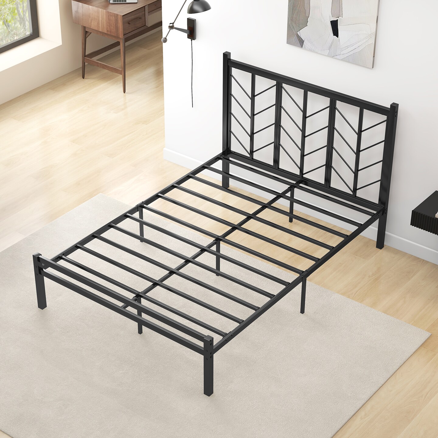 Black Platform Bed with Branches Shape Headboard Design and Metal Frame