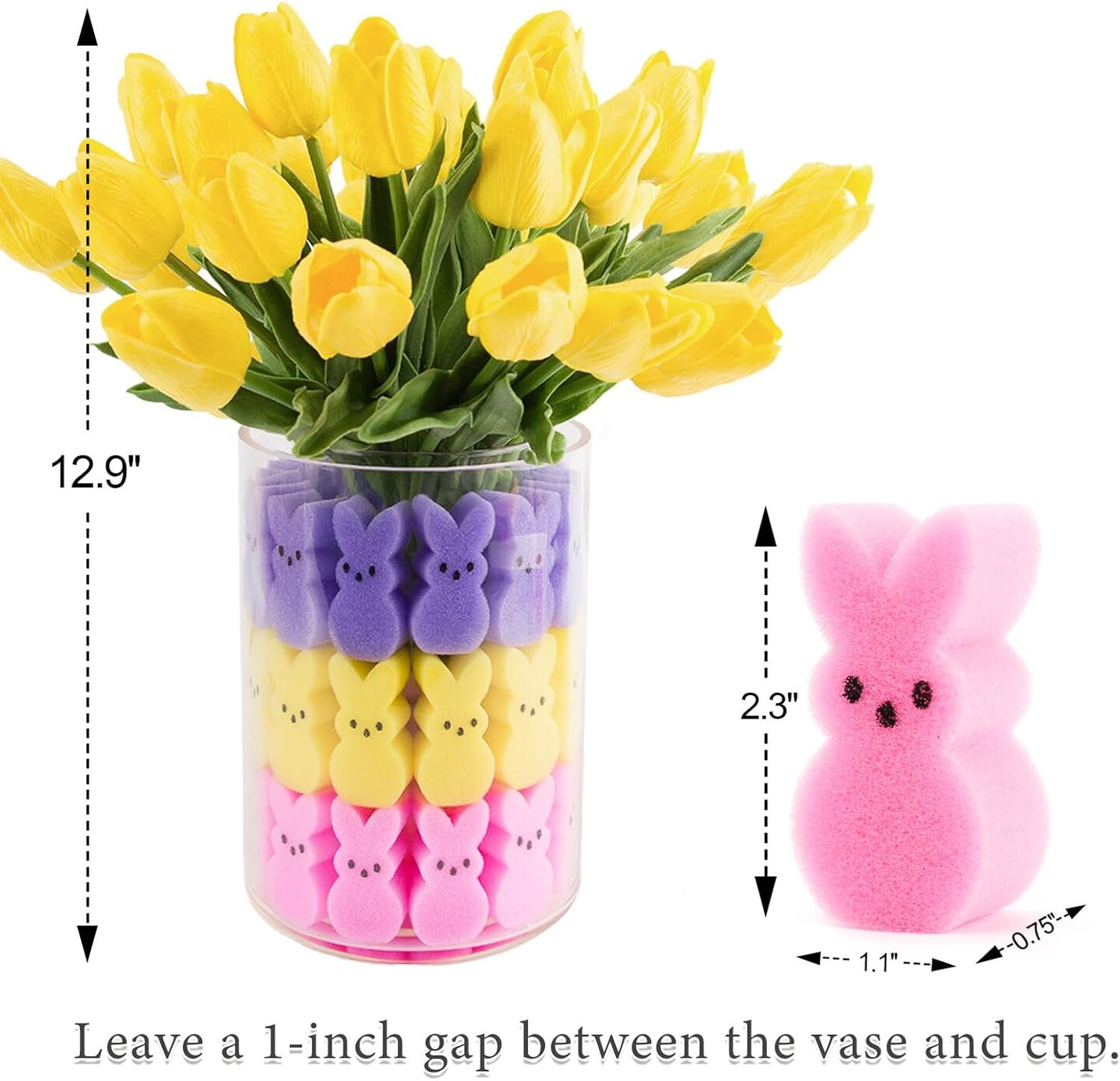Easter Decorations - Easter Peeps Decor - 15 Artificial Tulips with 45 Bunnies Vase Filler Set