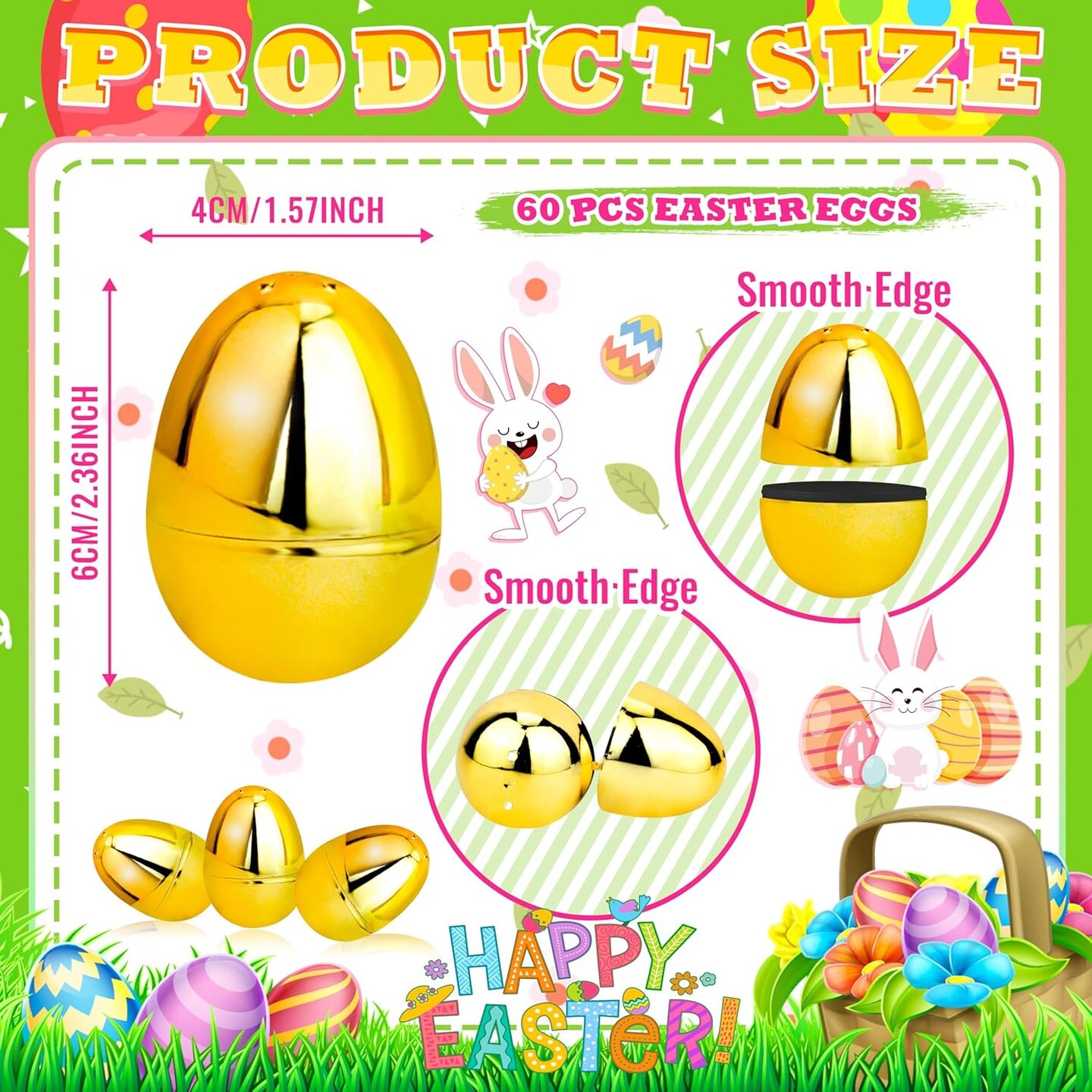 18 Pcs Shiny Golden Metallic Easter Eggs Bulk, 2.3 ", Fillable Gold Empty Easter Eggs for Fillling Candy, Treats, Easter Hunt Basket Suffers Fillers, Easter Theme Party Favors