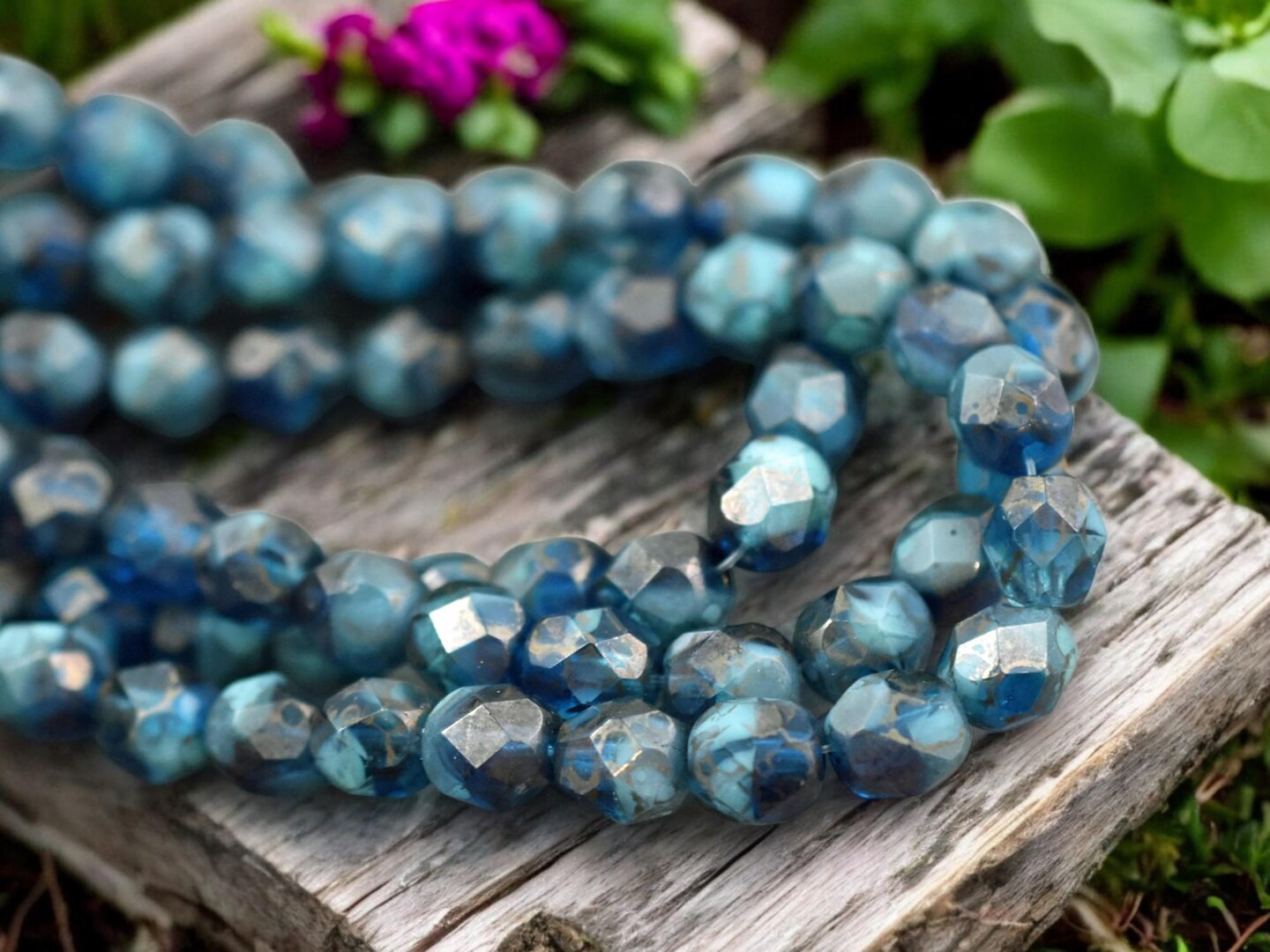 *25* 6mm Teal Marble Luster Fire Polished Round Beads