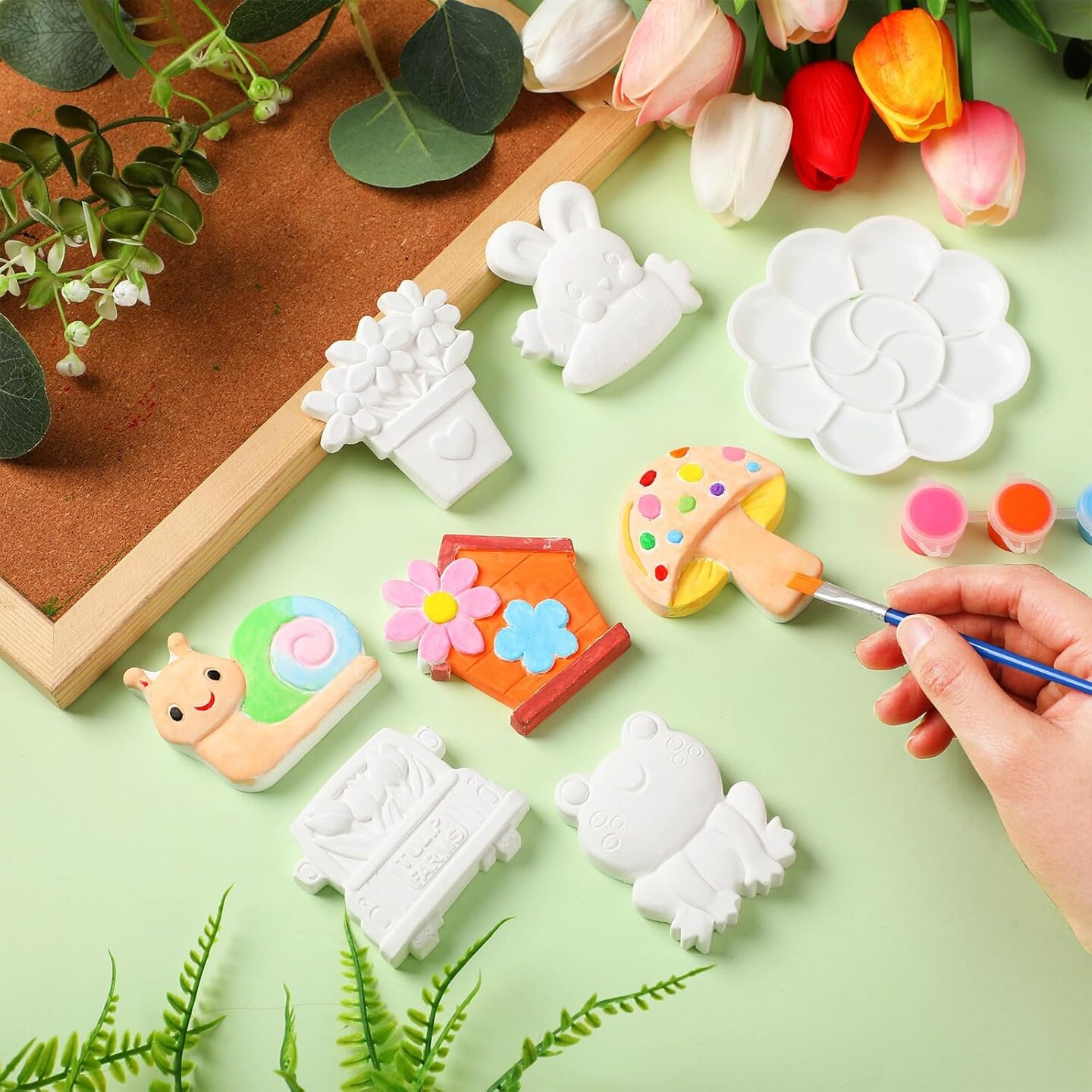 24 Set DIY Spring Garden Ceramic Crafts Kit Paint Your Own Figurines Ready to Paint Bisque Figurines Crafts Arts with 24 Magnets 4 Brushes and 2 Palette Ceramic Painting Kit for Adults