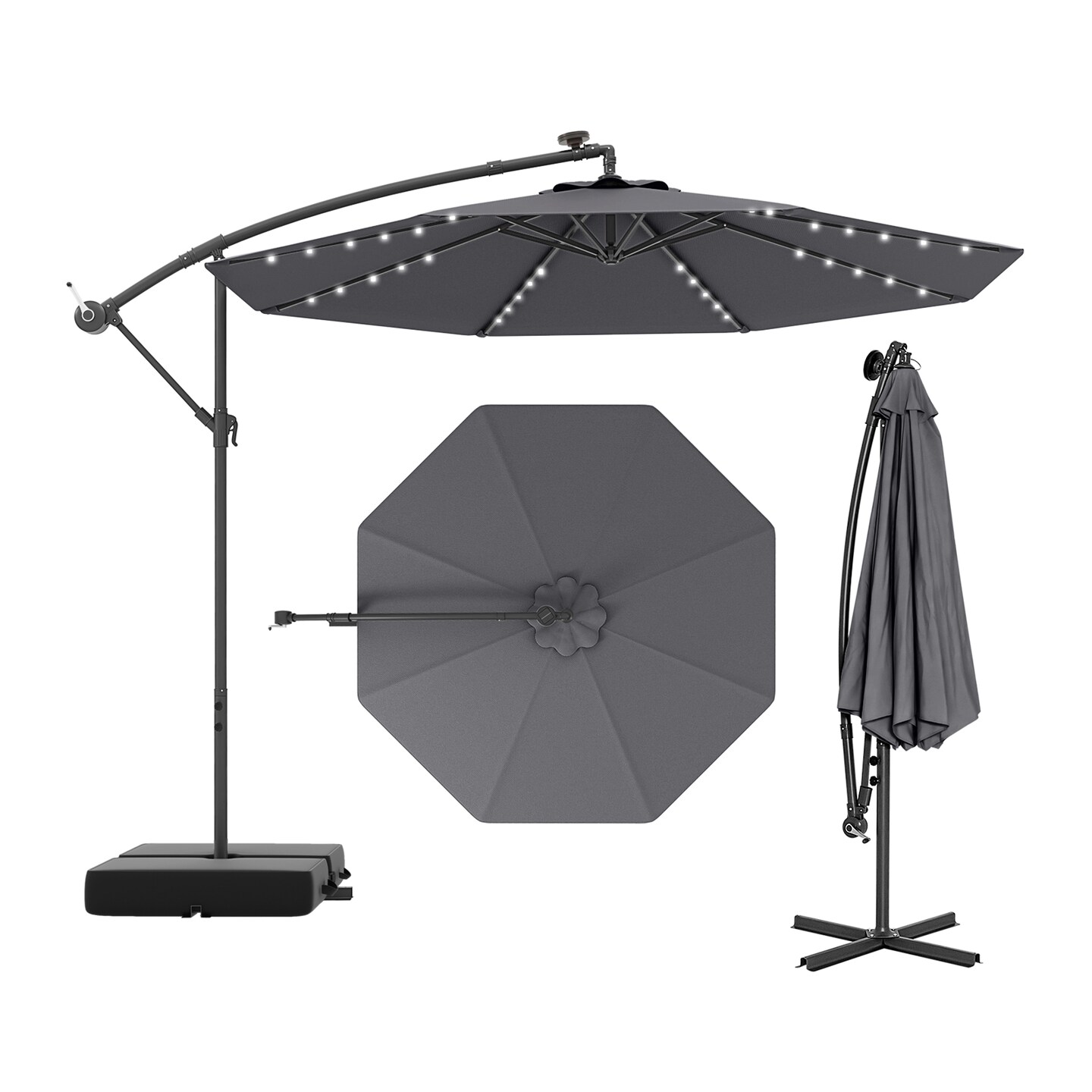 10 Ft Beige Steel Offset Cantilever Patio Umbrella with 40 Solar Powered LED Lights and Adjustable
