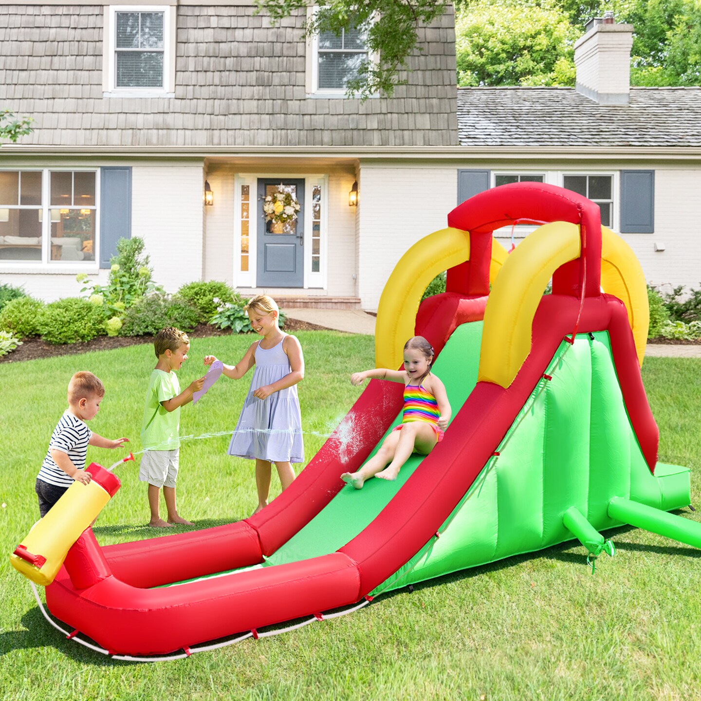 Inflatable Water Slide Bounce House with Climbing Wall and Jumper with 380W Blower