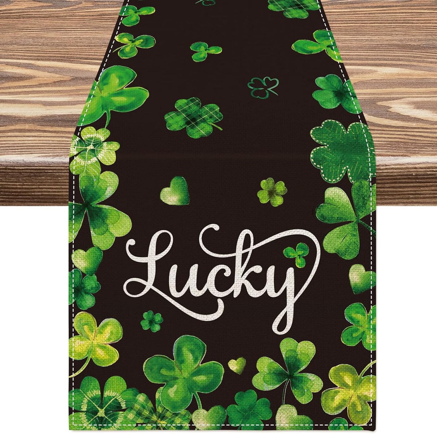 St. Patrick's Day Table Runner 13 x 72 Rectangle Green Black Shamrock Table Cover Watercolor Lucky Clover
