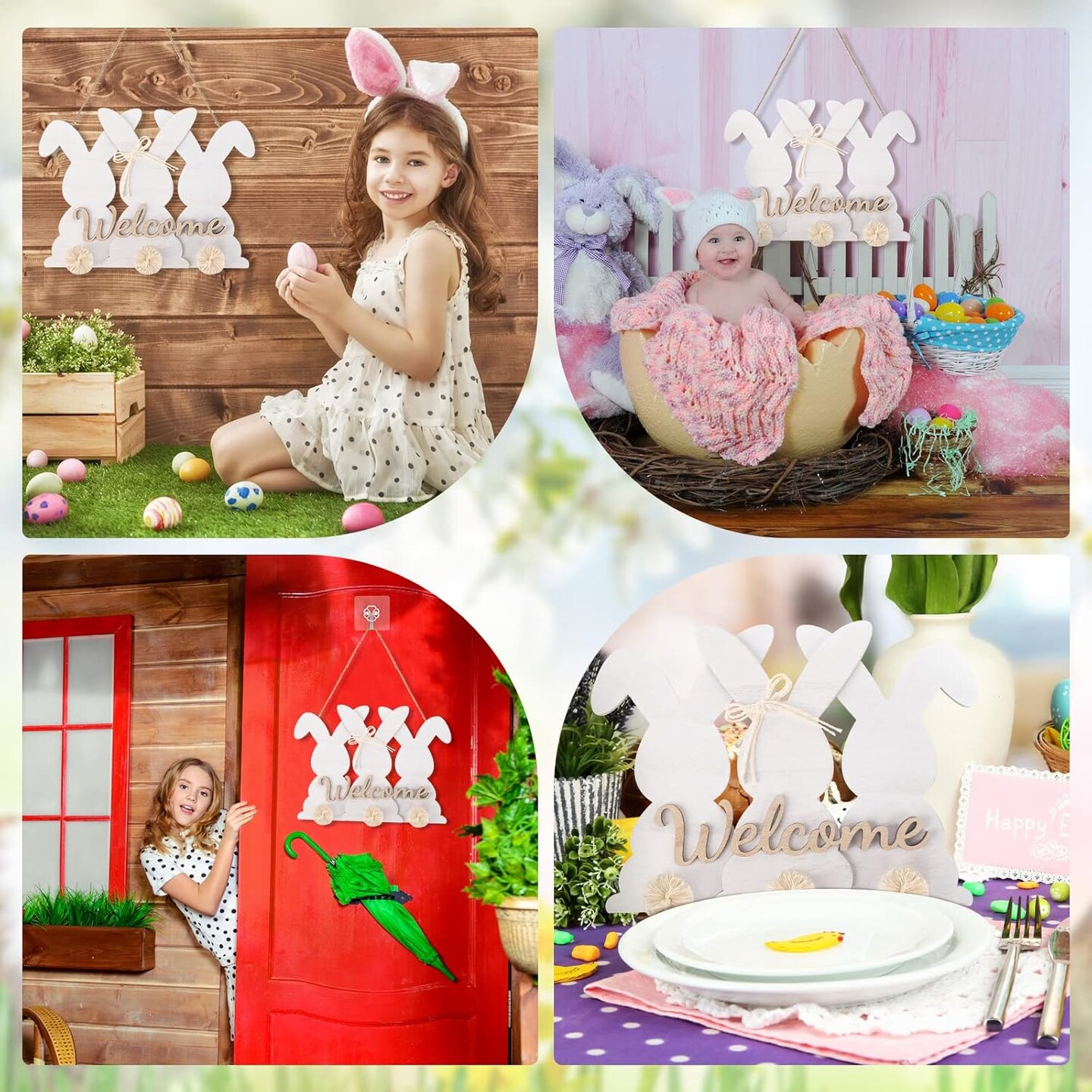 Easter Bunny Welcome Door Sign Easter Wooden Door Decor Bunny Wreath Hanging Plaque Farmhouse Home Front Porch Rabbit Sign with Bow for Shop Home Garden Spring Decor(Natural Color)