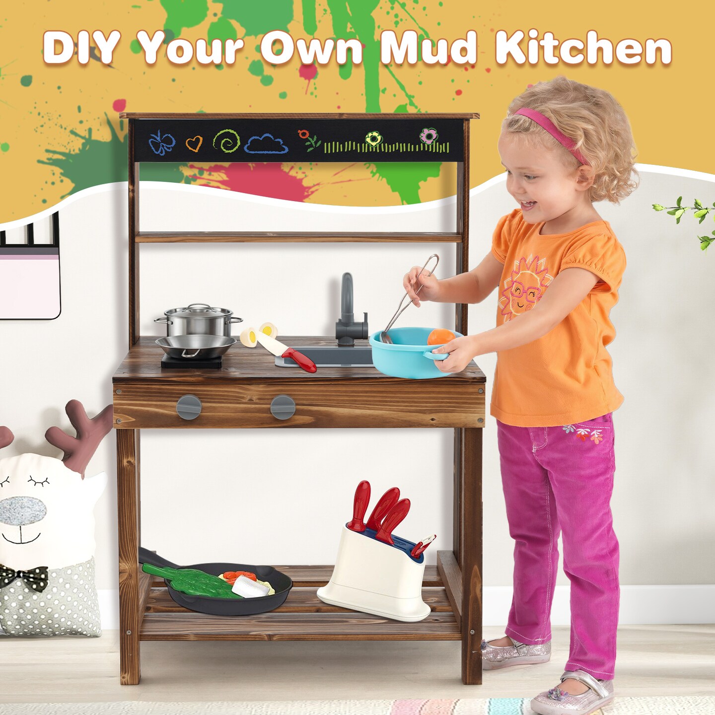 Wooden Outdoor Mud Kitchen for Kids with Rotatable Faucet and Removable Sink