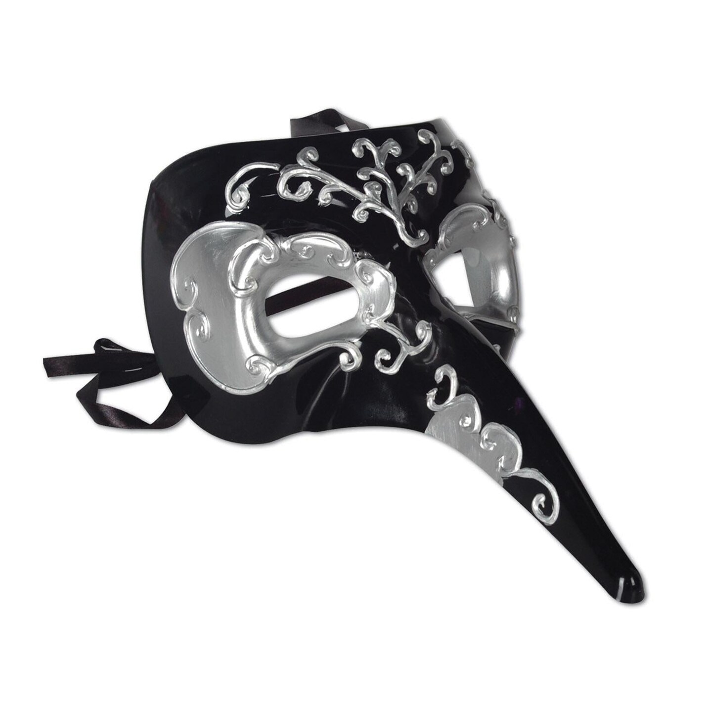 12 Pack Bulk Mardi Gras Long Nose Mask - black/silver - black ribbon ties