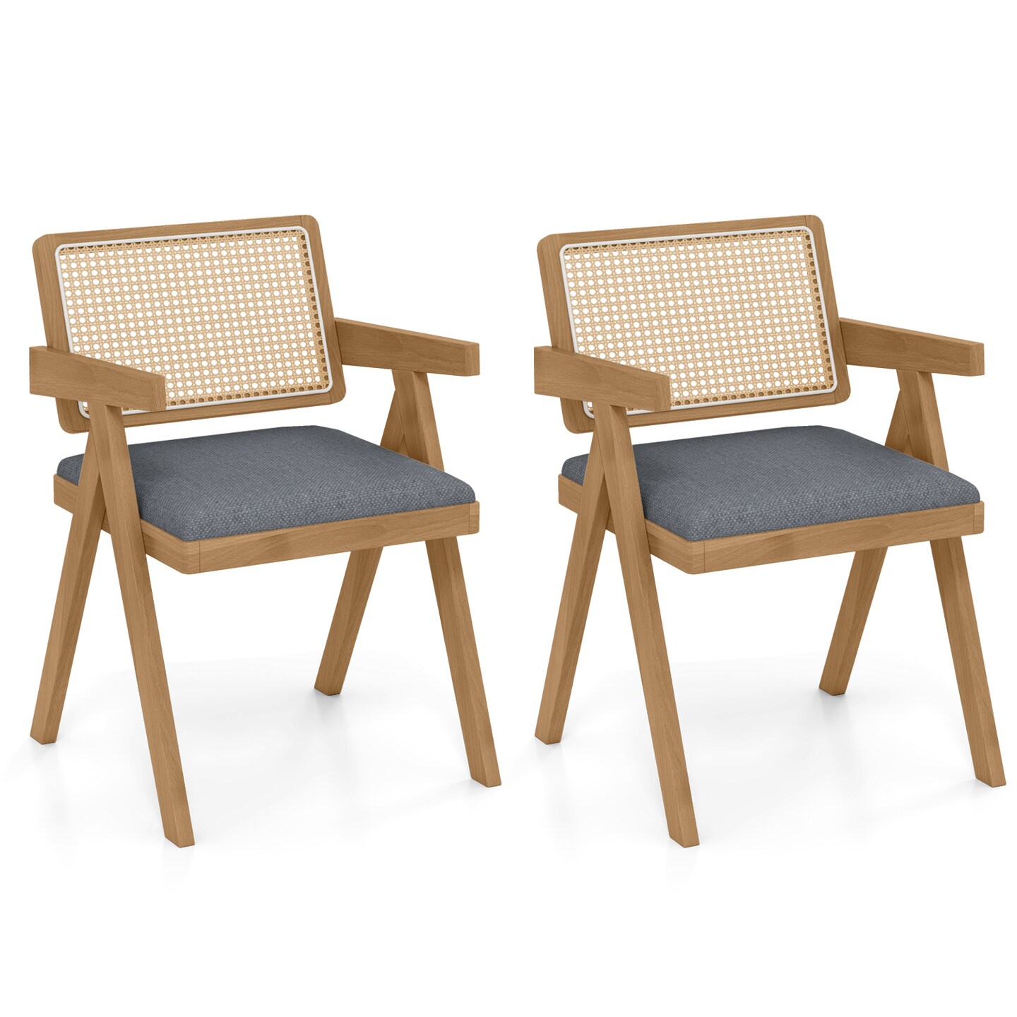 Set of 2 Rattan Accent Chairs with Padded Cushion & Rubber Wood Frame for Living Room