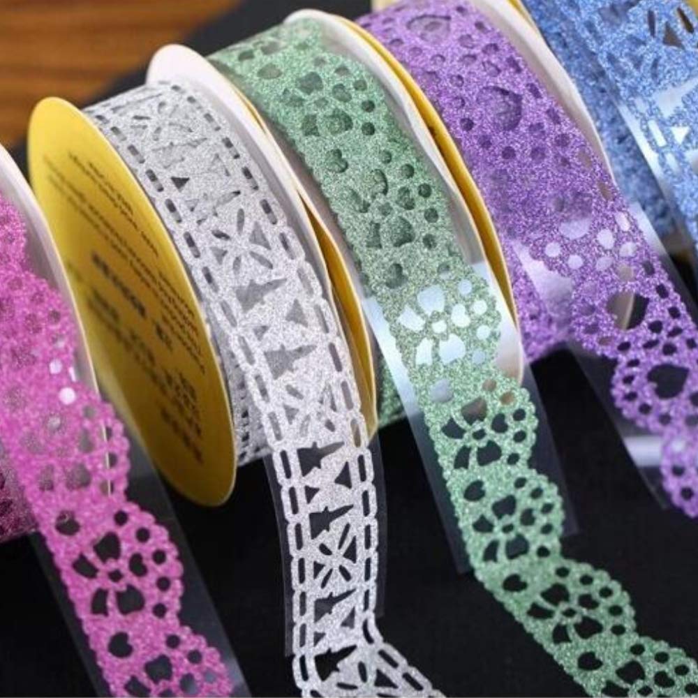 SallyFashion Lace Washi Tape, 6 Roll Lace Pattern Glitter Bling Self-Adhesive Tape Diamond Washi Tape Masking DIY Scrapbooking Lace Tape Sticker Color Random