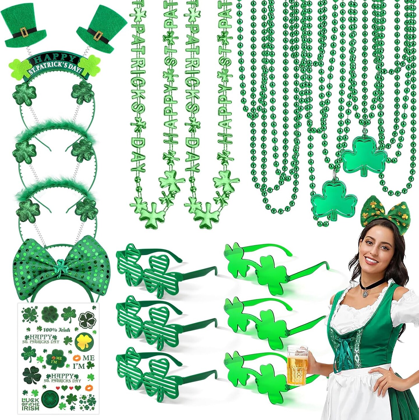 29Pack St Patricks Party Favors of 16pcs Shamrock Beads Necklace Bulk, 6pcs Clover Eyewear Sunglasses, 6pcs Green Hats Headband, 1pc St. Patrick&#x27;s Day Stickers Party Dressing-up Costume Accessories