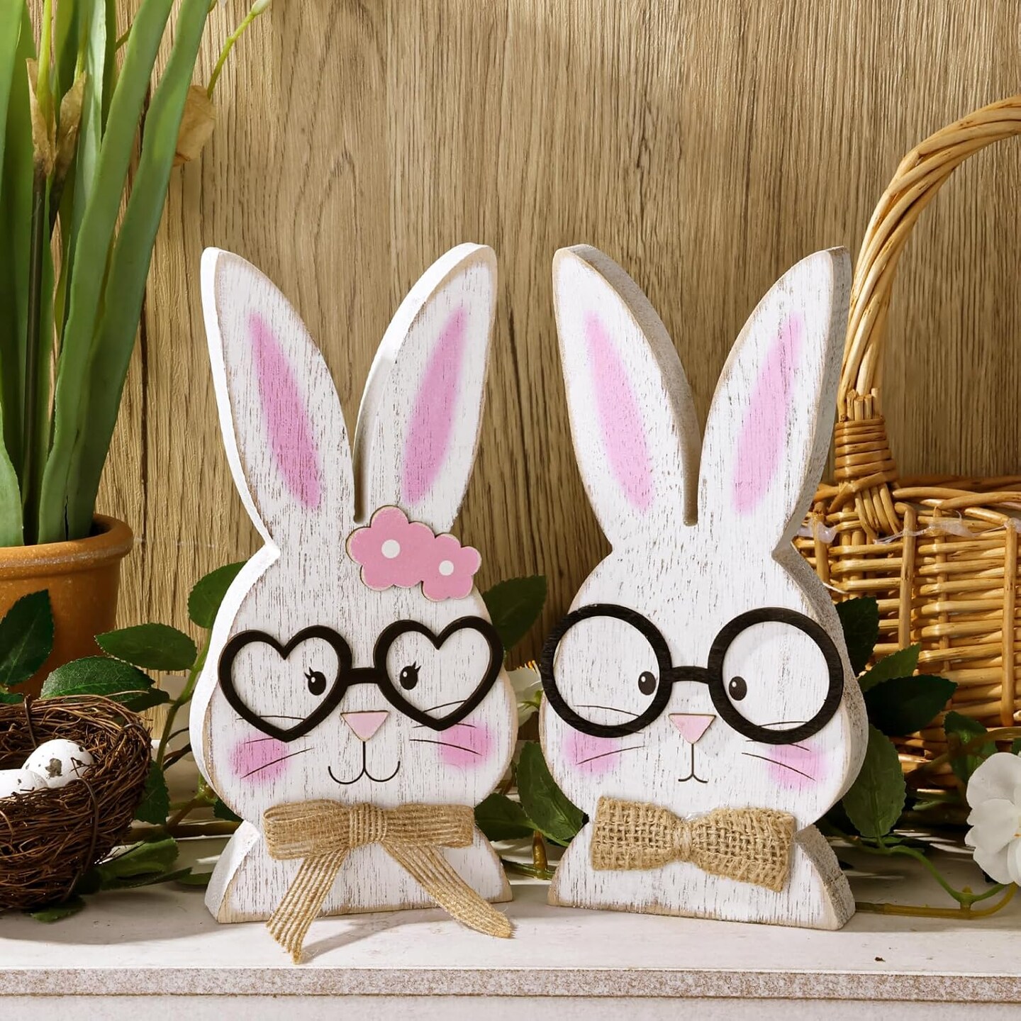 Rustic Wooden Bunny Couple Easter Decorations – Farmhouse Happy Easter Table Centerpiece, White Rabbit with Glasses, Home & Office Decor, Cute Easter Gift
