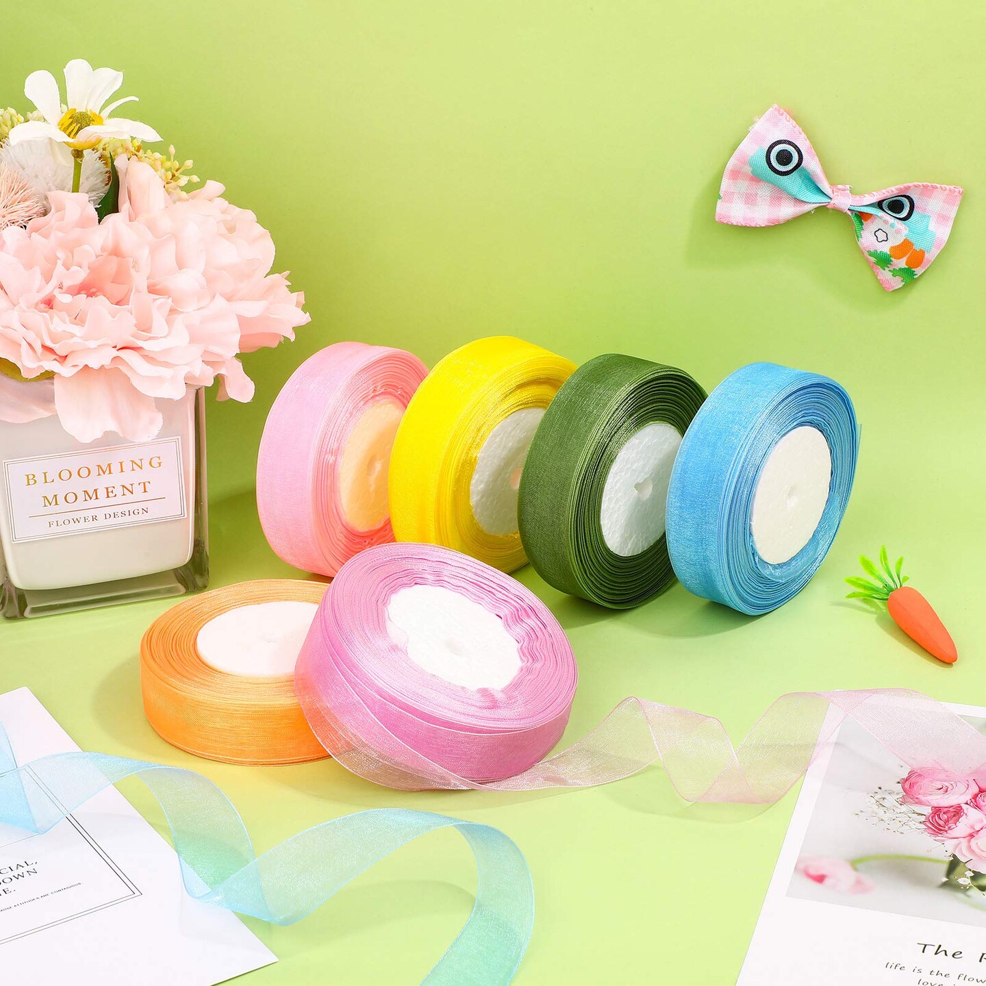 6 Rolls Organza Ribbon Sheer Chiffon Ribbon Bulk for Gift Wrapping Decorating Valentine&#x27;s Day Wedding Birthday Bouquet Garland(50 Yard Each Roll,Bright Color)