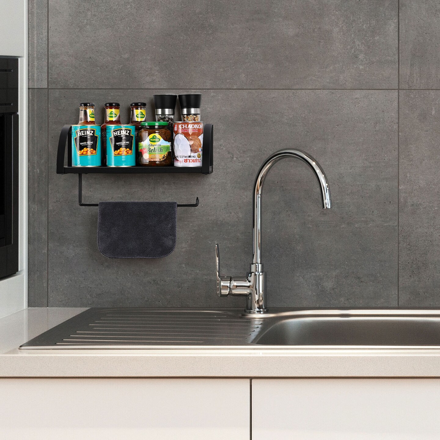 Black Paper Towel Holder with Shelf Farmhouse Paper Towel Holder Wall Mount Toilet Paper Holder Dispenser Wall Hanging Spice Rack for Kitchen Bathroom Cabinets Storage Organizer