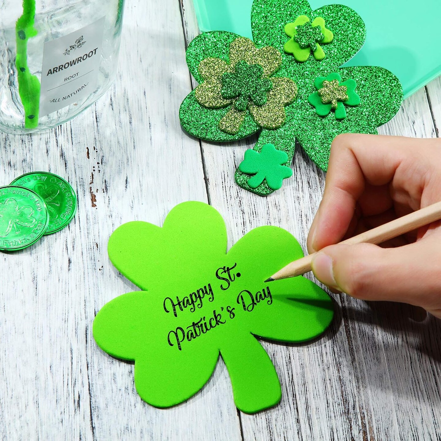 224 Pieces St. Patrick's Day Craft Supplies Glitter Foam Shamrock Stickers Self-Adhesive Green Lucky Irish Decals