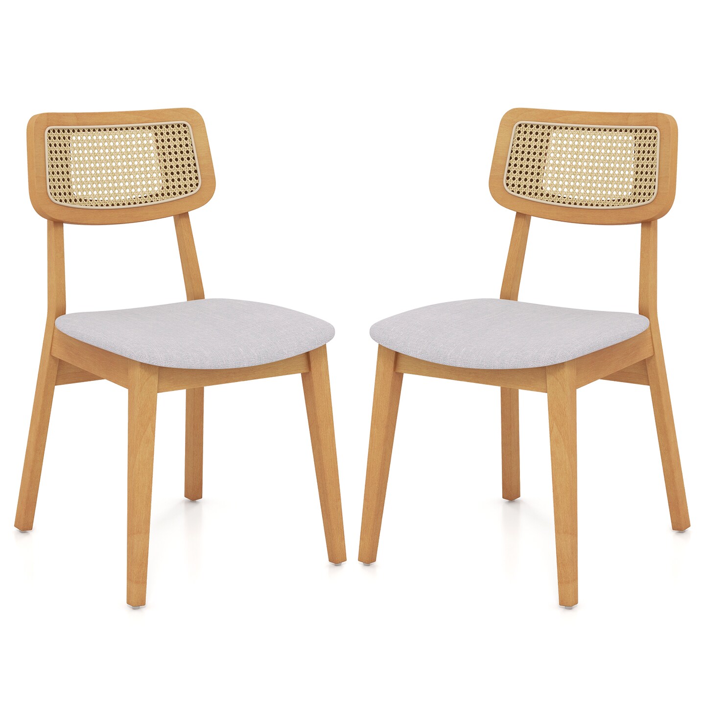 Rattan Dining Chair Set of 2 with Can Back and Rubber Wood Frame-Natural