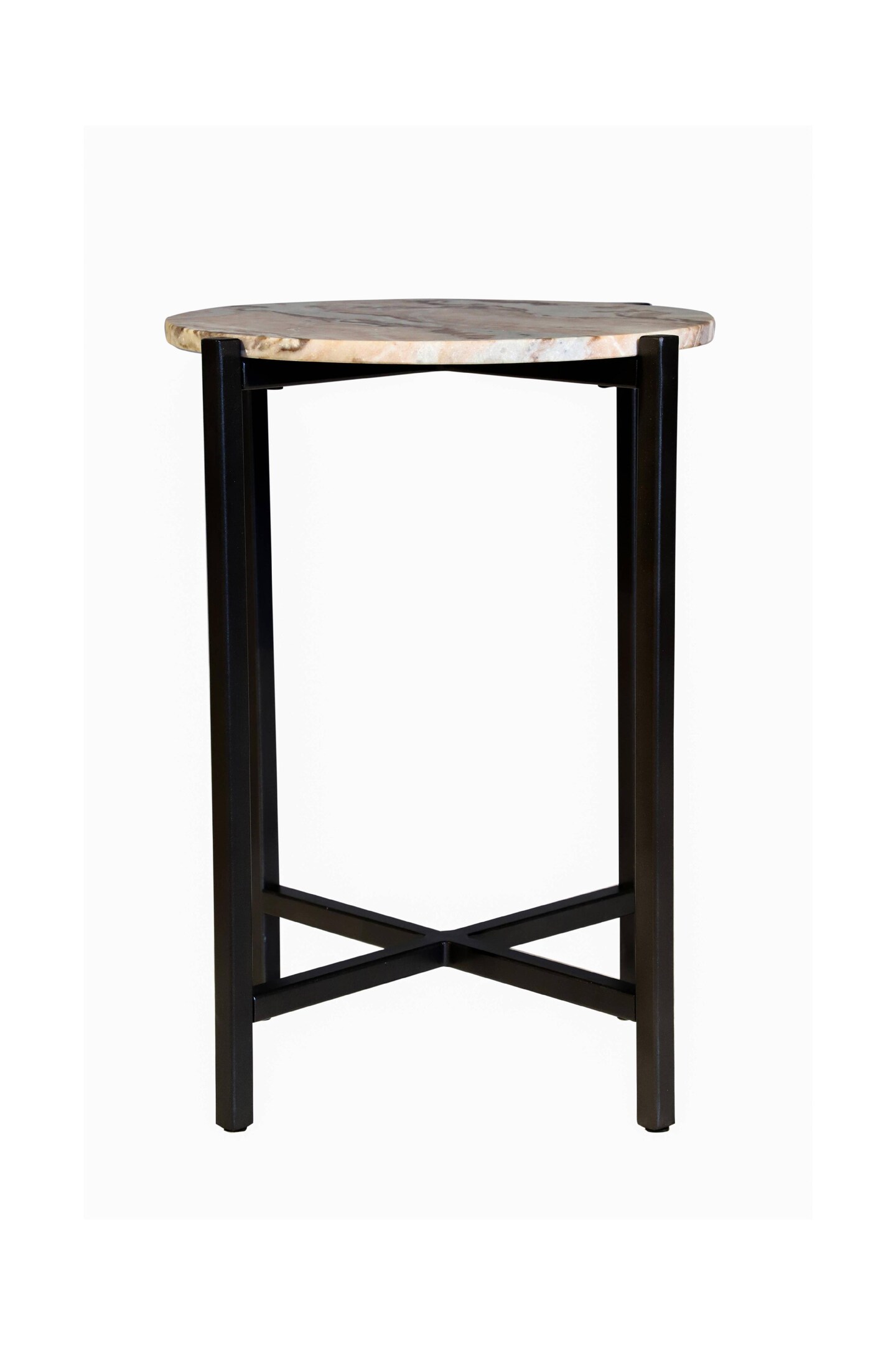 Brown Marble Side Table With Grey Metal Frame-21 Inch Height