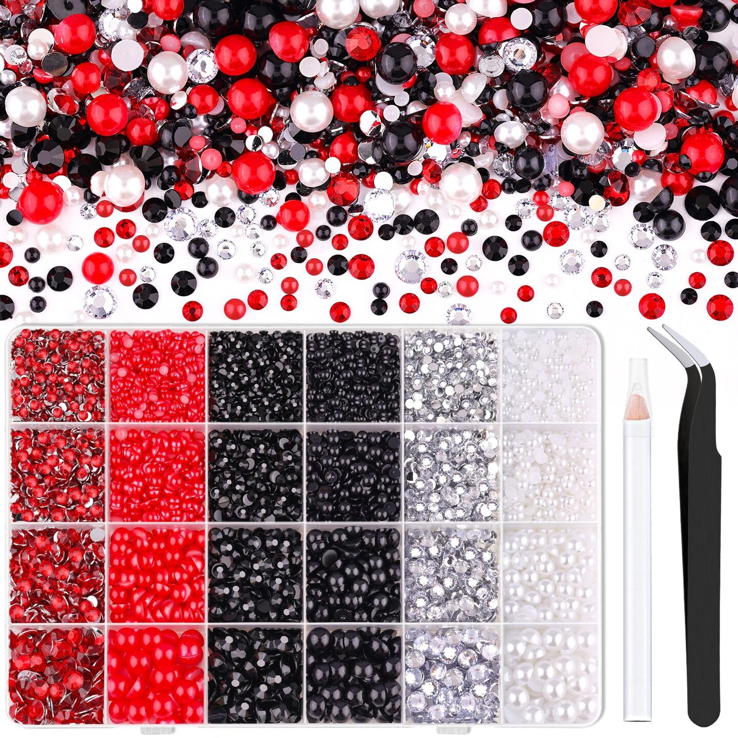 9000PCS Flatback Pearls and Rhinestones for Crafting, Red White Black Mixed Size 3-10mm Resin Rhinestones and Half Pearls for Bedazzling, Nail Art and Decoration with Tweezer and Pickup Pencil