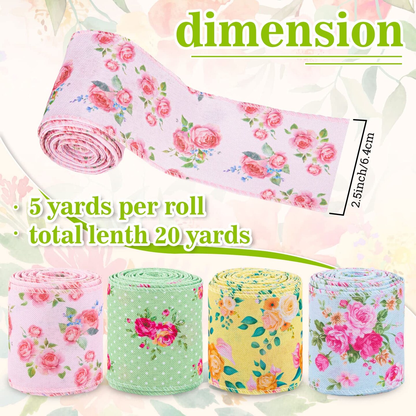 Vintage Floral Wired Edge Ribbon Spring Rose Flower Pattern Ribbon 4 Rolls Summer Floral Fabric Decorative Craft Ribbon for Gift Wrapping Decor Hair Bow Sewing Wreath Crafts, 20 Yard x 2.5 in