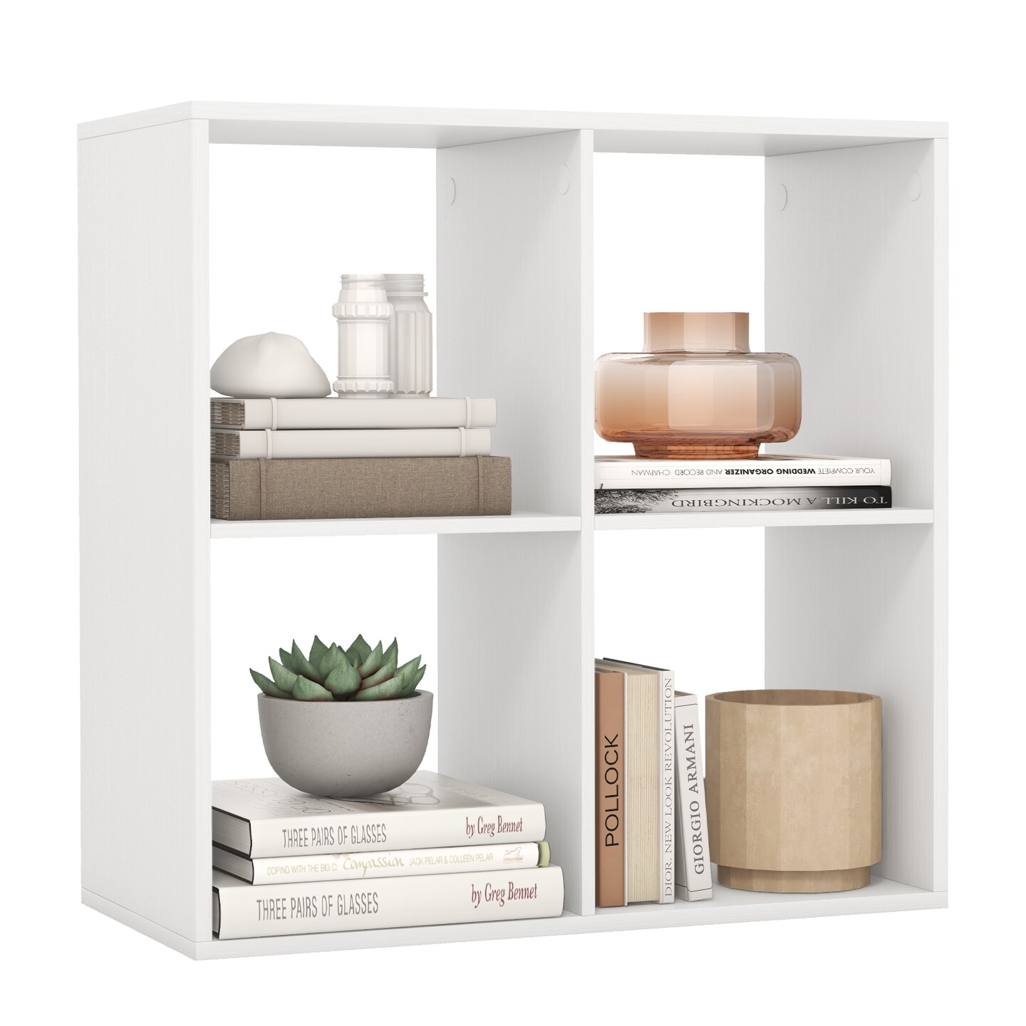 White 4 Storage Cube Bookshelf with Open Back Guardrail for Living Room Bedroom