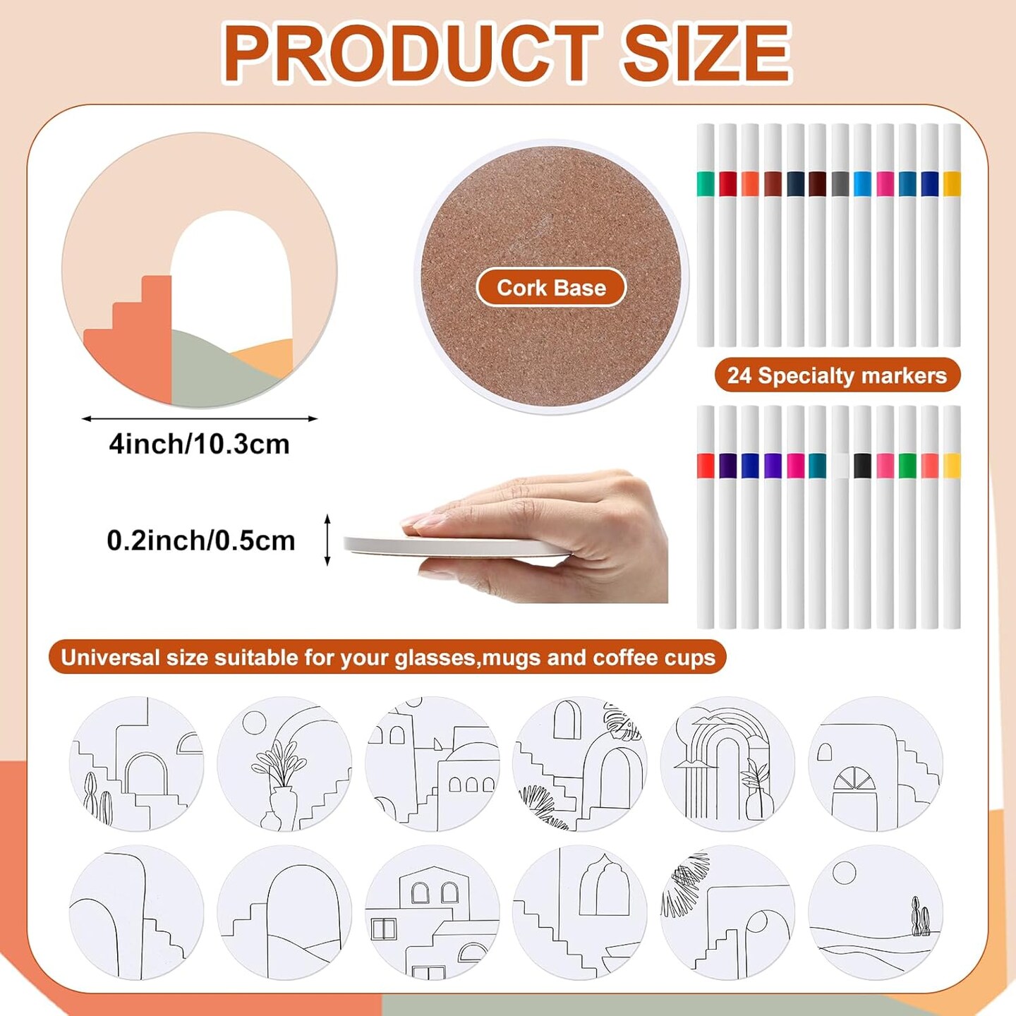 12 Pcs Color Your Own Coaster Ceramic DIY Kits for Adults Absorbent Drink Coasters with Cork Base and 12 Markers for Adult Home Table DIY Art Crafts Gift(Bohemian)