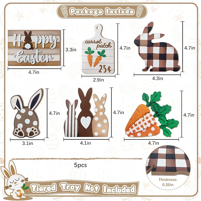 Easter Bunny Tiered Tray Decor, Farmhouse Tiered Tray Decorations, Happy Easter Bunny Carrots Buffalo Plaid Wooden Signs, Spring Rustic Rabbit Decor for Home Table Mantel Church Party