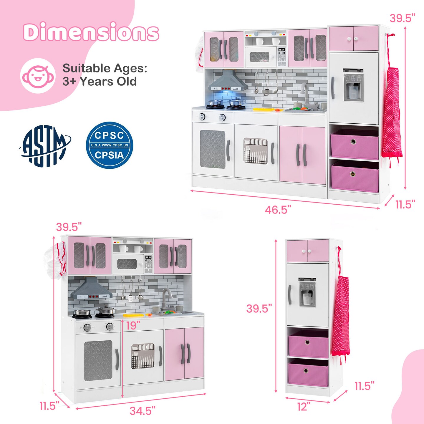 Wooden Pink Kitchen Playset with Lights & Sounds for Kids Ages 3+