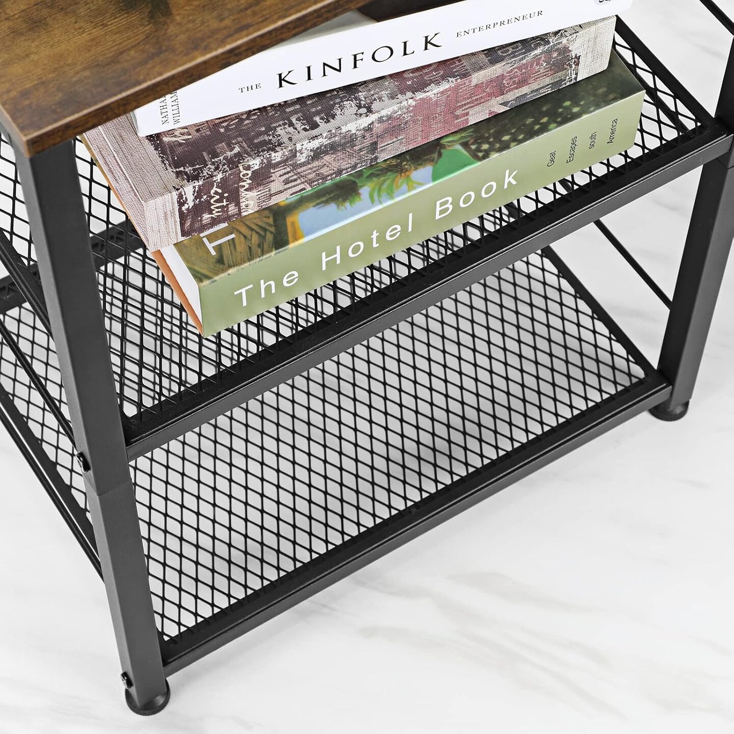 Side Table Small with Wheels Industrial Night Stand Storage Shelf 3 Tier Wood End Table with Metal Frame for Small Space Living Room Bedroom Kitchen Office