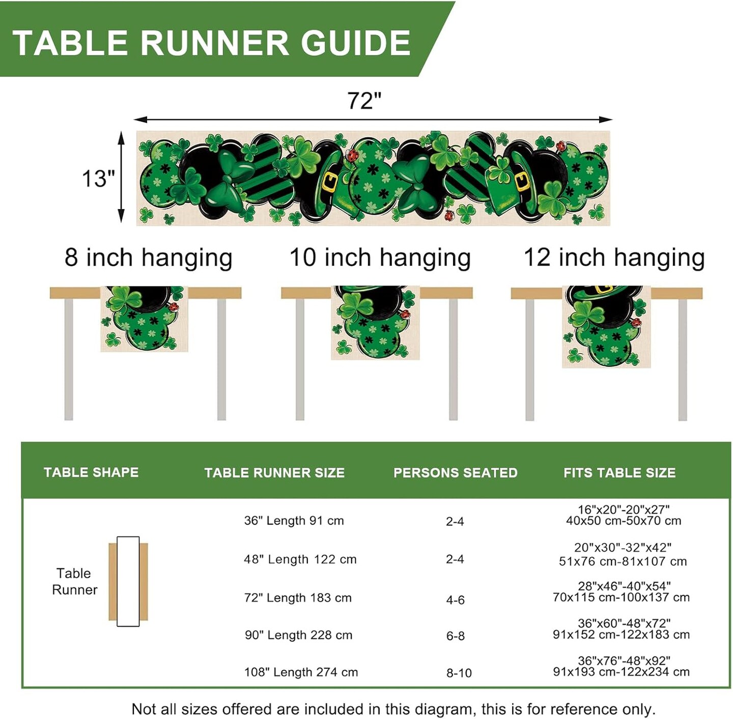 St. Patrick&#x27;s Day Table Runner, Shamrock Clover Top Hat Stripes Ladybug Kitchen Dining Table Decor, Irish Spring Home Decoration Indoor Outdoor Party Supply 13 x 72 Inches