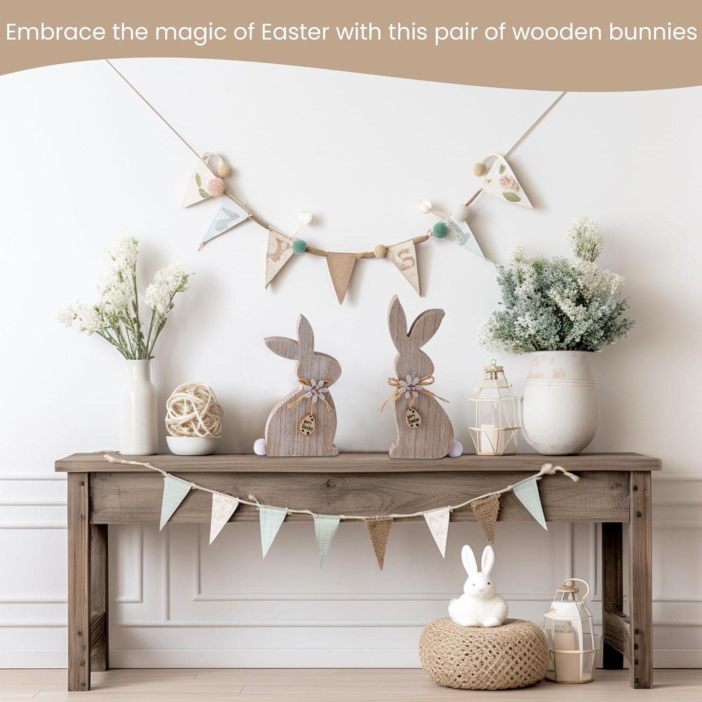 2 Piece Easter Wooden Bunny Decor - Farmhouse Sitting Wood Bunnies Sign